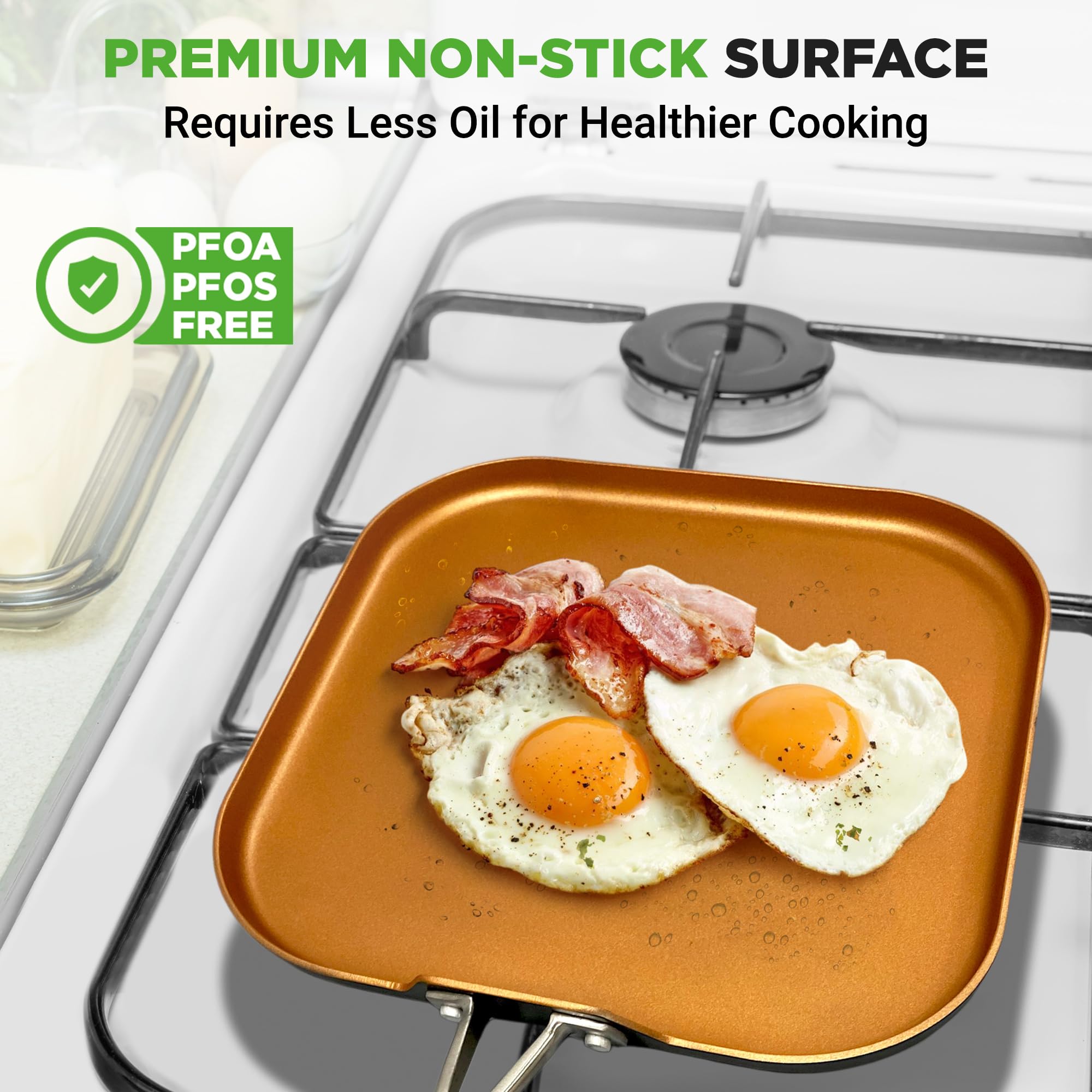 NutriChef Non-Stick Copper Frying Pan with Hard-Anodized Exterior & Heat-Resistant Silicone Handle - 1 Griddle for Perfect Pancakes, Eggs & Steaks - Ideal for Home Cooking, Camping & Outdoor BBQ