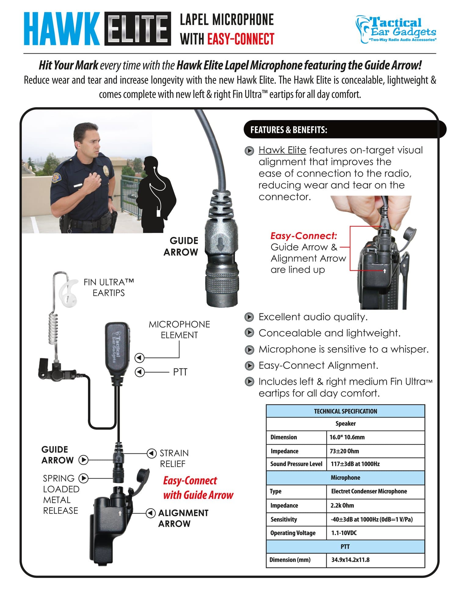 Hawk Black Diamond Tactical Lapel Microphone EP1311ECBT - Easy Connect for Kenwood Multi Pin Radios - Perfect for Security, Law Enforcement & Outdoor Adventures