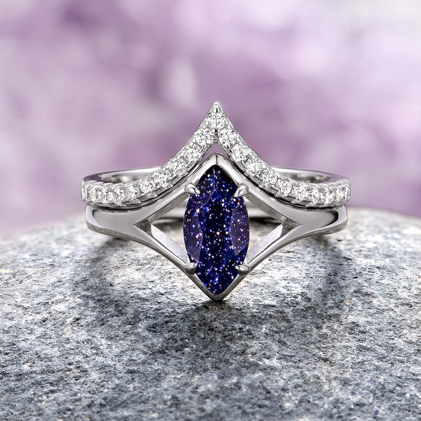 Starry Night Chevron Engagement Ring Set - 14K White Gold Diamond Wedding Band for Women, Perfect for Proposals, Anniversaries & Bridal Jewelry Gifts