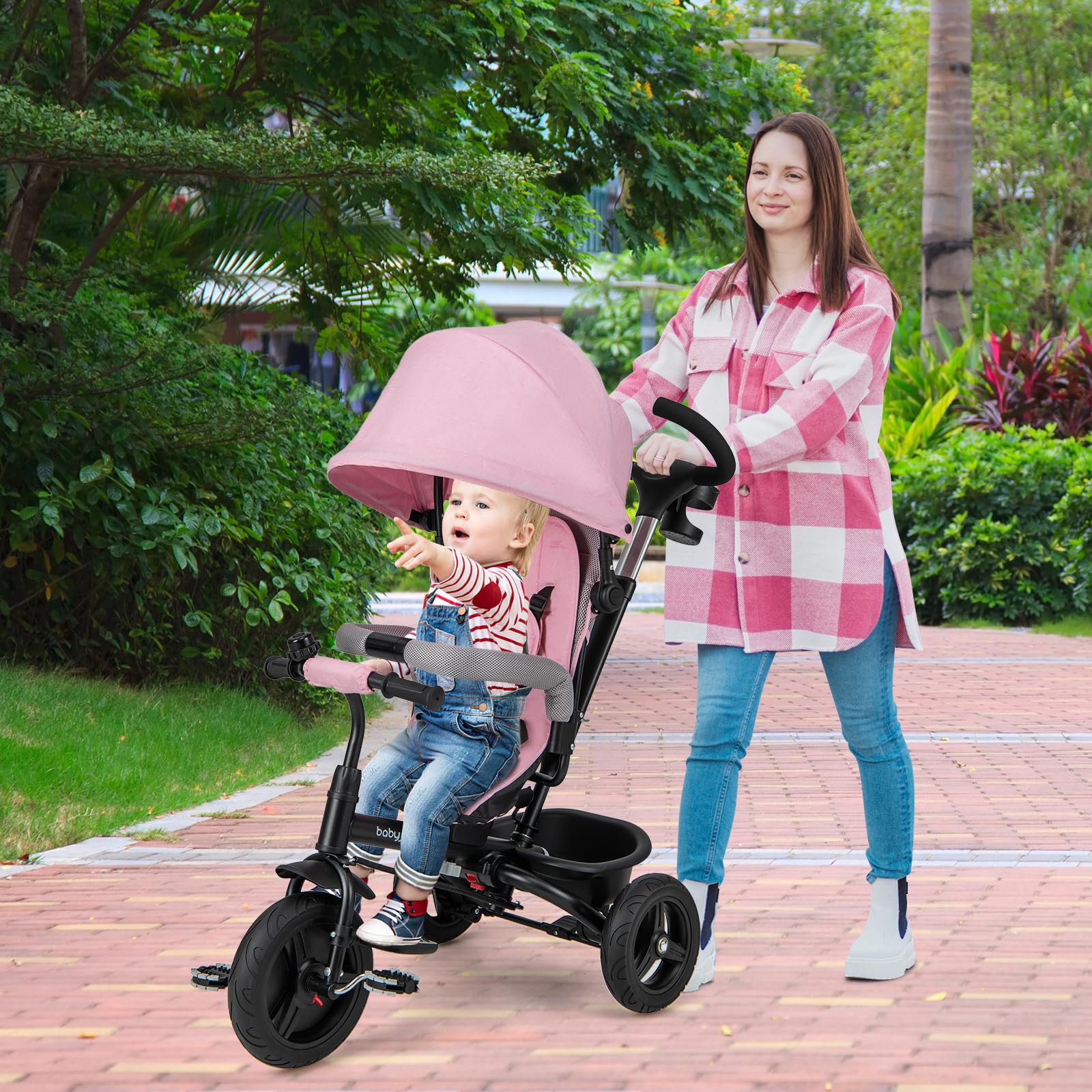 BABY JOY 6-in-1 Convertible Toddler Tricycle with Reversible Seat, Adjustable Canopy & Parent Push Handle - 5-Point Safety Harness, PU Wheels & Storage Basket - Pink Ride-On Toy for Kids 9-60 Months - Perfect for Park Outings, Neighborhood Walks & Outdoor Family Fun