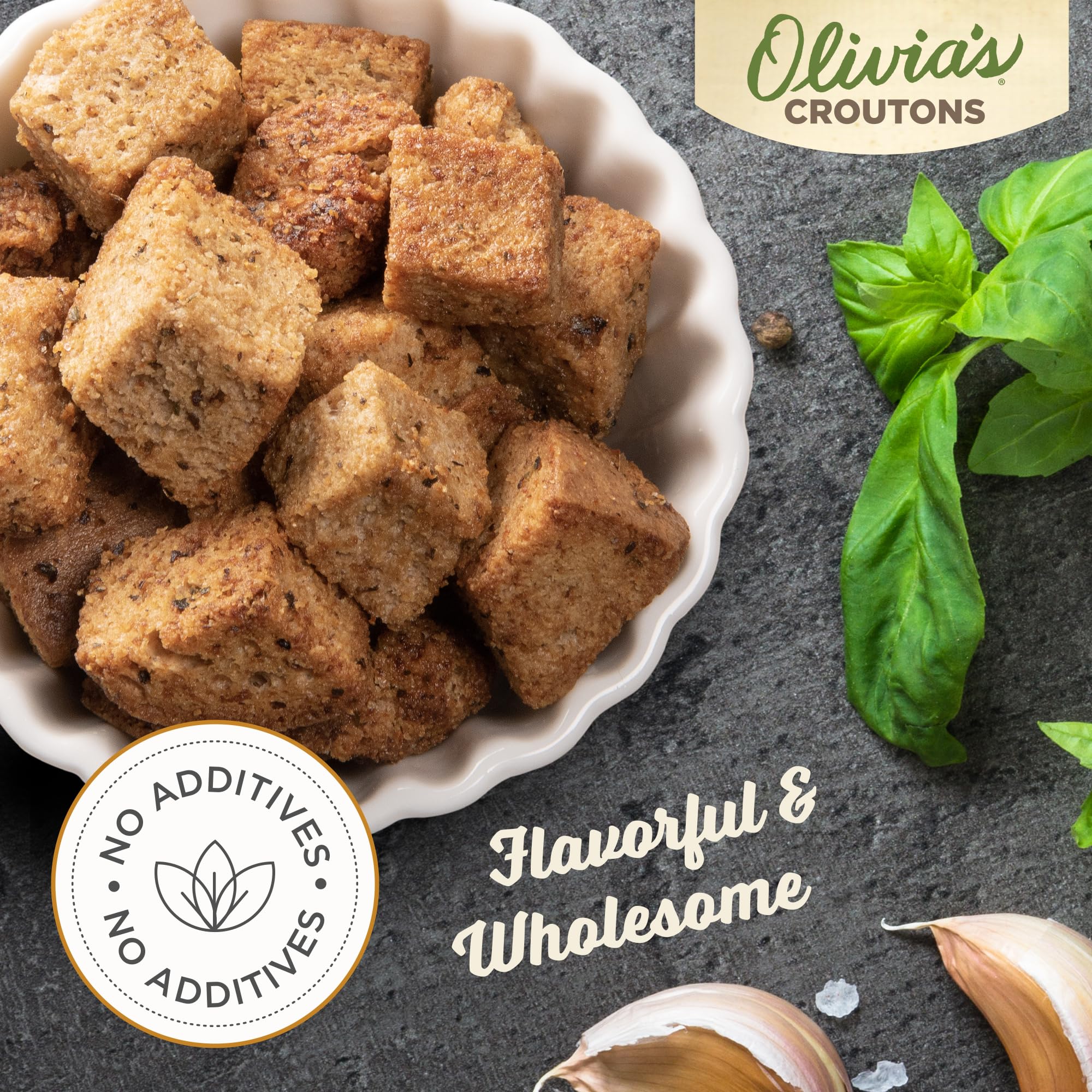 Organic Garlic & Herb Croutons for Salad - Vegan, Whole Grain Crunchy Toppings (4.5oz, 2 Packs) | Perfect for Caesar Salads, Soups & Snacks - Olivia's Croutons