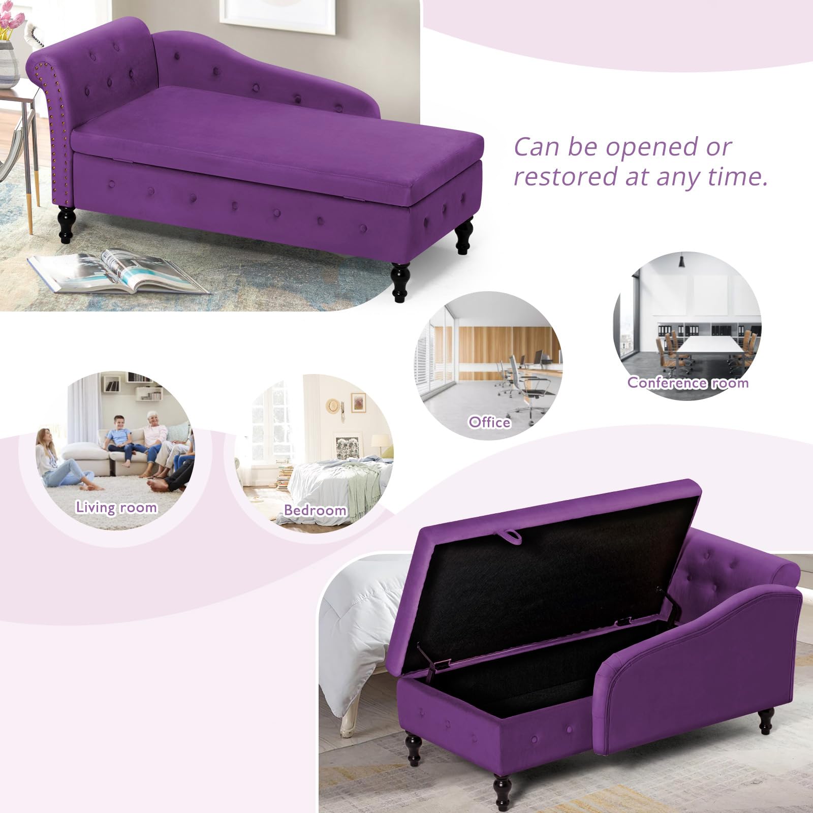 Luxury Upholstered Chaise Lounge with Left Armrest & Lumbar Support - Button Tufted Velvet Sofa with Storage - Modern Lounge Chair for Bedroom, Living Room & Office (Purple) - Perfect for Relaxation, Reading & Small Space Decor