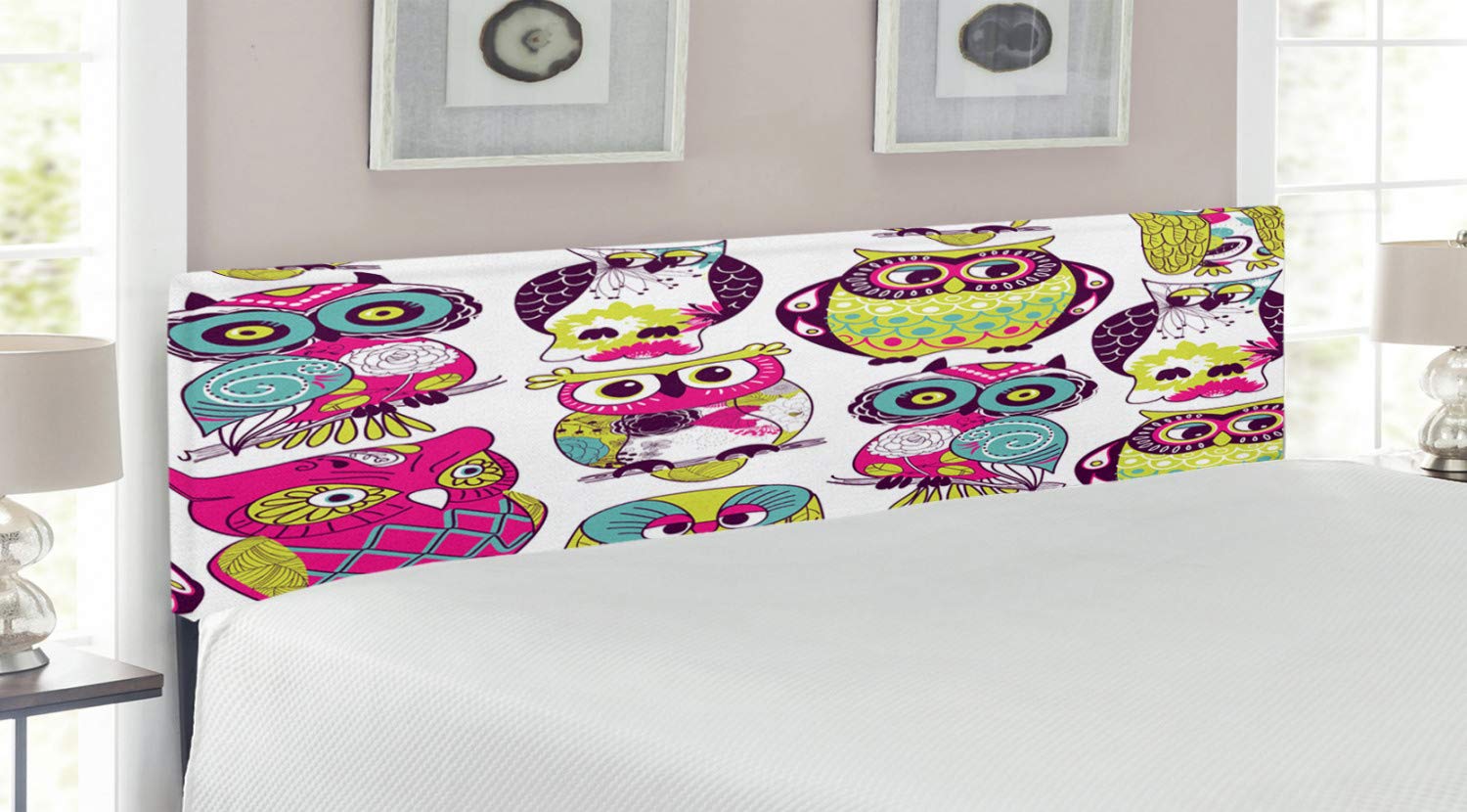 Ambesonne King Size Cartoon Owl Eyes Funny Best Friends Forever Upholstered Headboard - Animal Themed Decorative Metal Bed Headboard with Memory Foam, Multicolor Coral - Perfect for Kids' Bedrooms, Dorm Rooms & Whimsical Home Decor
