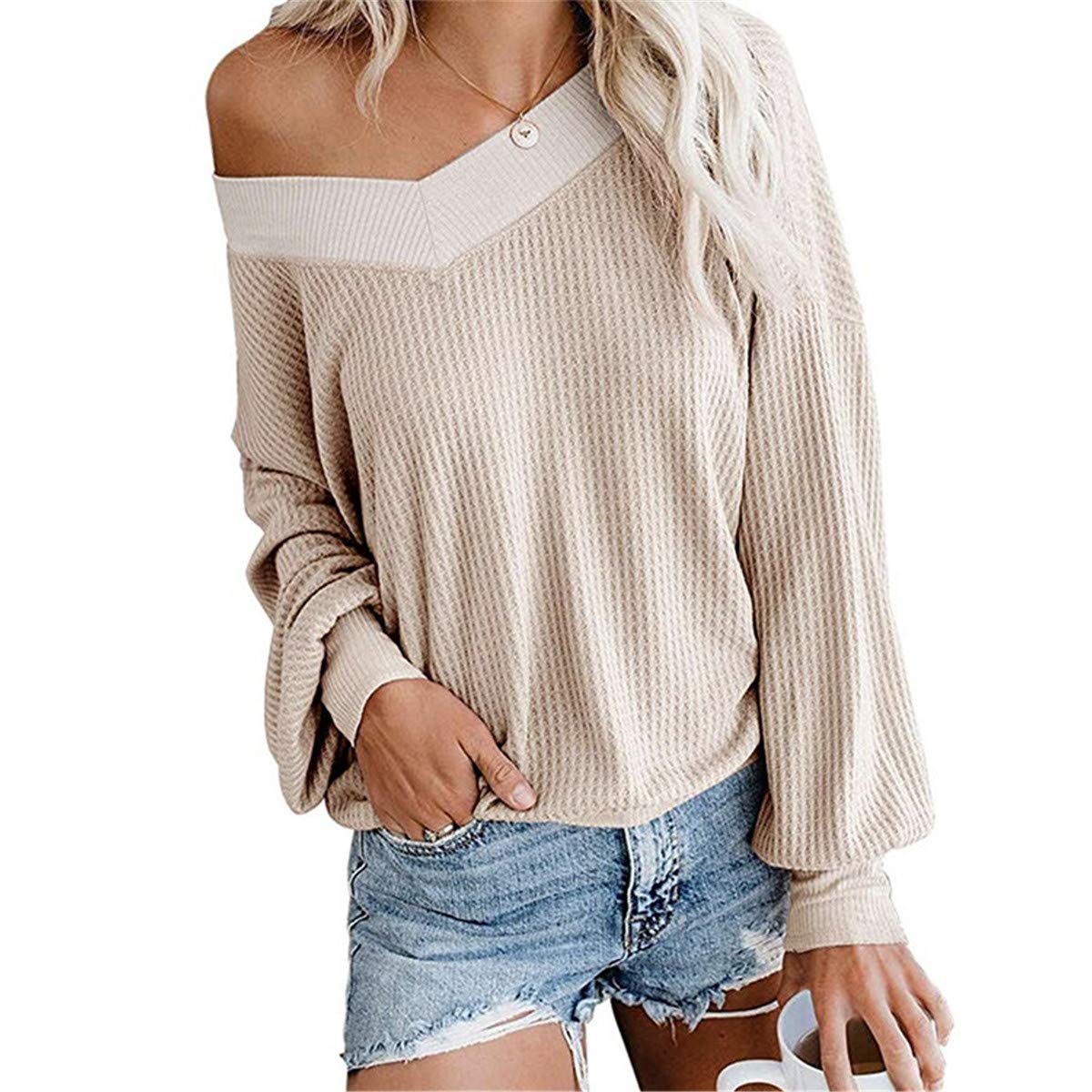 Dreamskull Women's V-Neck Batwing Long Sleeve Waffle Knit T-Shirt Off Shoulder Sweater Top | Casual Fall Winter Pullover | Perfect for Date Night, Office Wear & Weekend Outfits