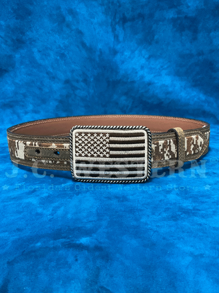 Ariat A1030844 Men's Digital Camo Belt with USA Flag Buckle - Medium Brown | Durable Western Belt for Casual & Work Wear | Perfect for Outdoor, Hunting & Patriotic Events