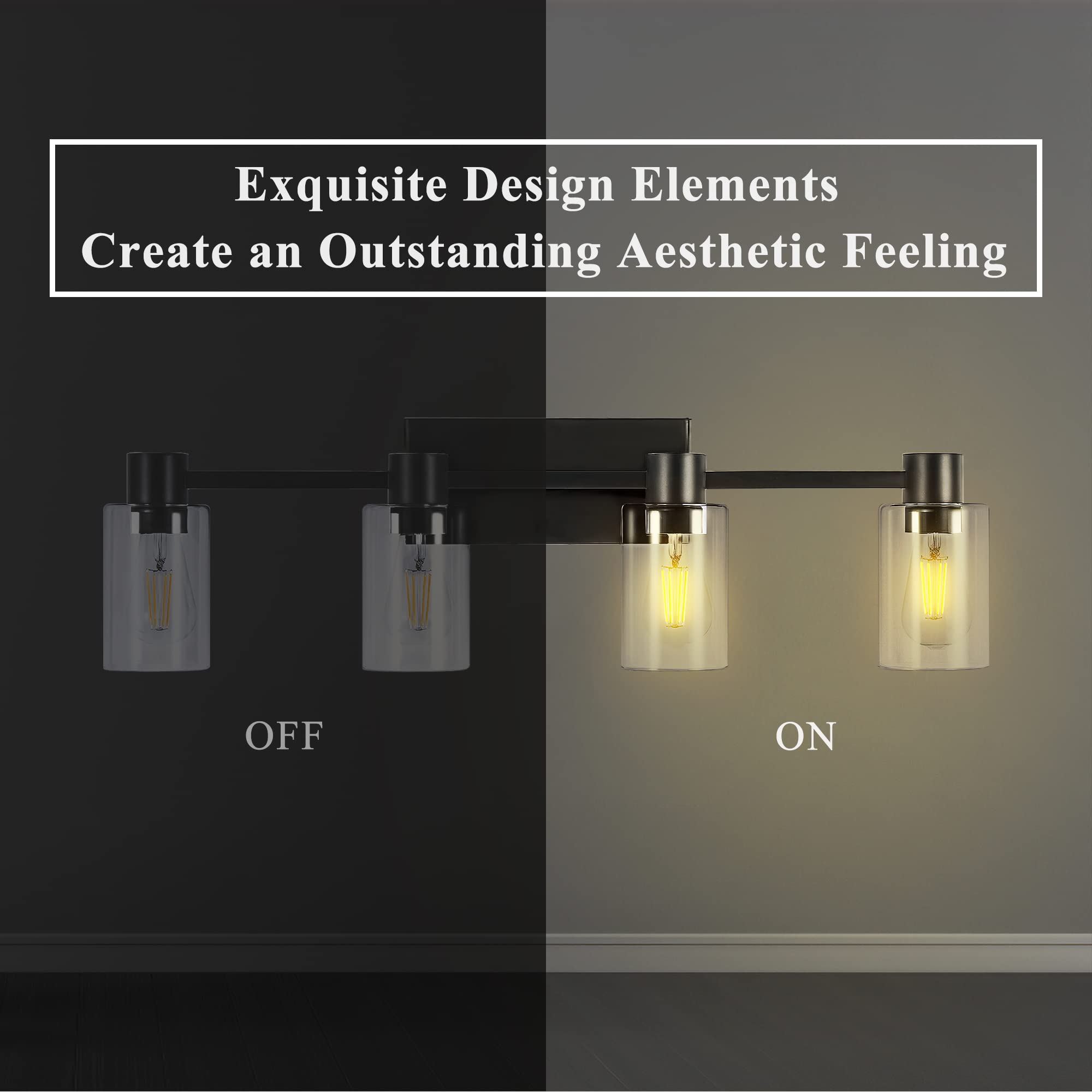 4-Light Modern Vanity Light Fixtures - Matte Black Bathroom Wall Sconce with Clear Glass Shade, E26 Base - Perfect for Bathroom Mirror Lighting, Powder Room, and Spa-Like Vanity Areas
