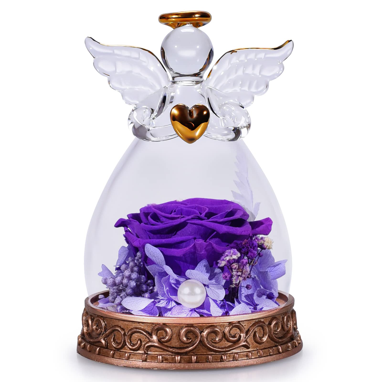Real Preserved Rose in Glass Angel Figurine with LED Lights - Romantic Gift for Women, Mom, Grandma | Perfect for Mother's Day, Christmas, Birthday, Anniversary & Valentine's Day | Home Decor & Keepsake (Purple)