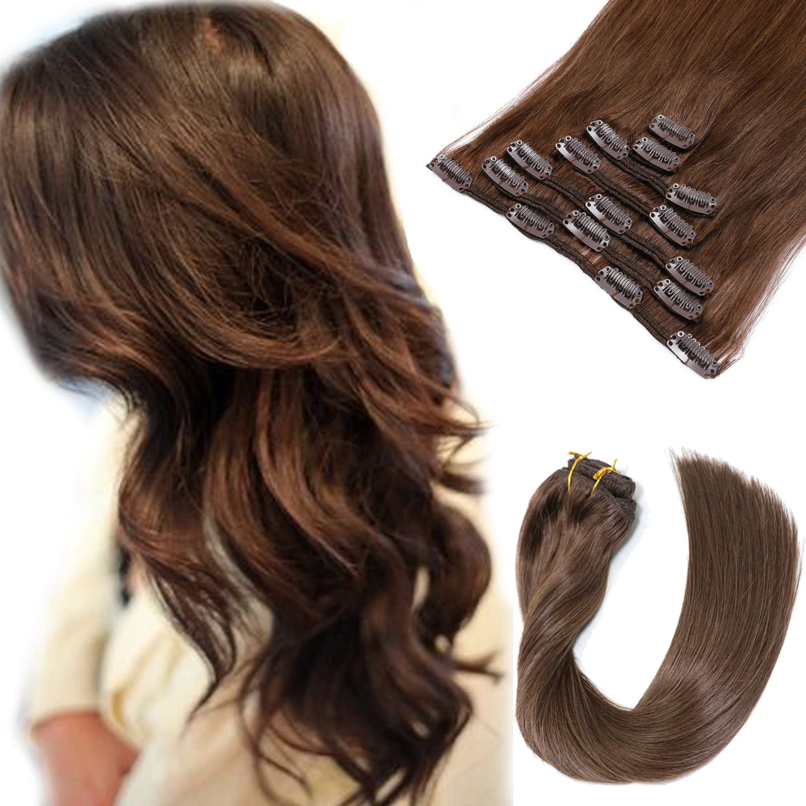 Clip-in Human Hair Extensions 20 Inch - 2 Sets Chocolate Brown Remy Hair (7 Pieces, 70g Double Weft Straight) for Women | Perfect for Volume Boost, Length Extension & Everyday Styling