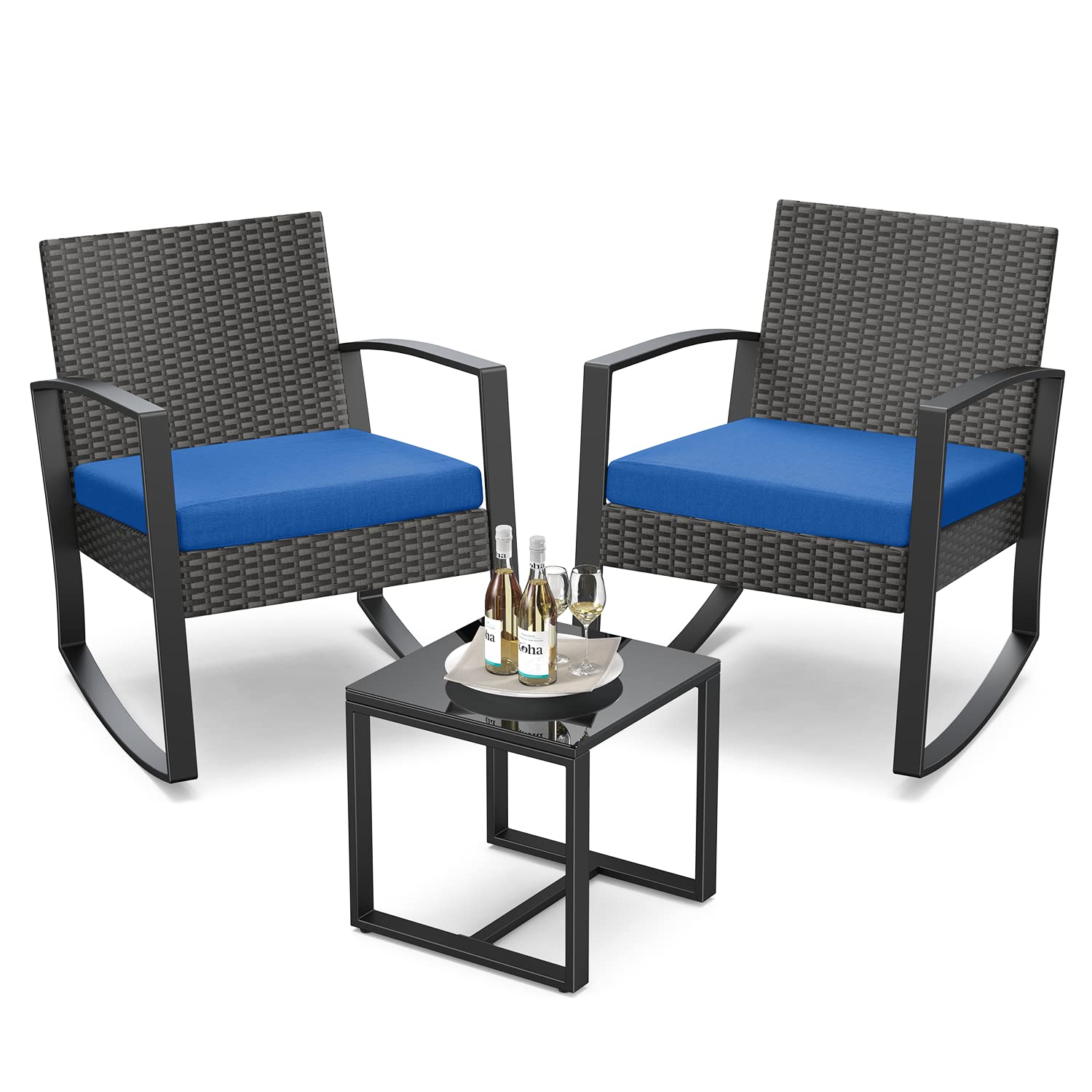 Qsun 3-Piece Outdoor Patio Bistro Set with Wicker Rocking Chairs & Tempered Glass Coffee Table - Blue Cushion Furniture for Porch, Balcony, Deck | Perfect for Relaxing, Entertaining & Enjoying Morning Coffee Outdoors