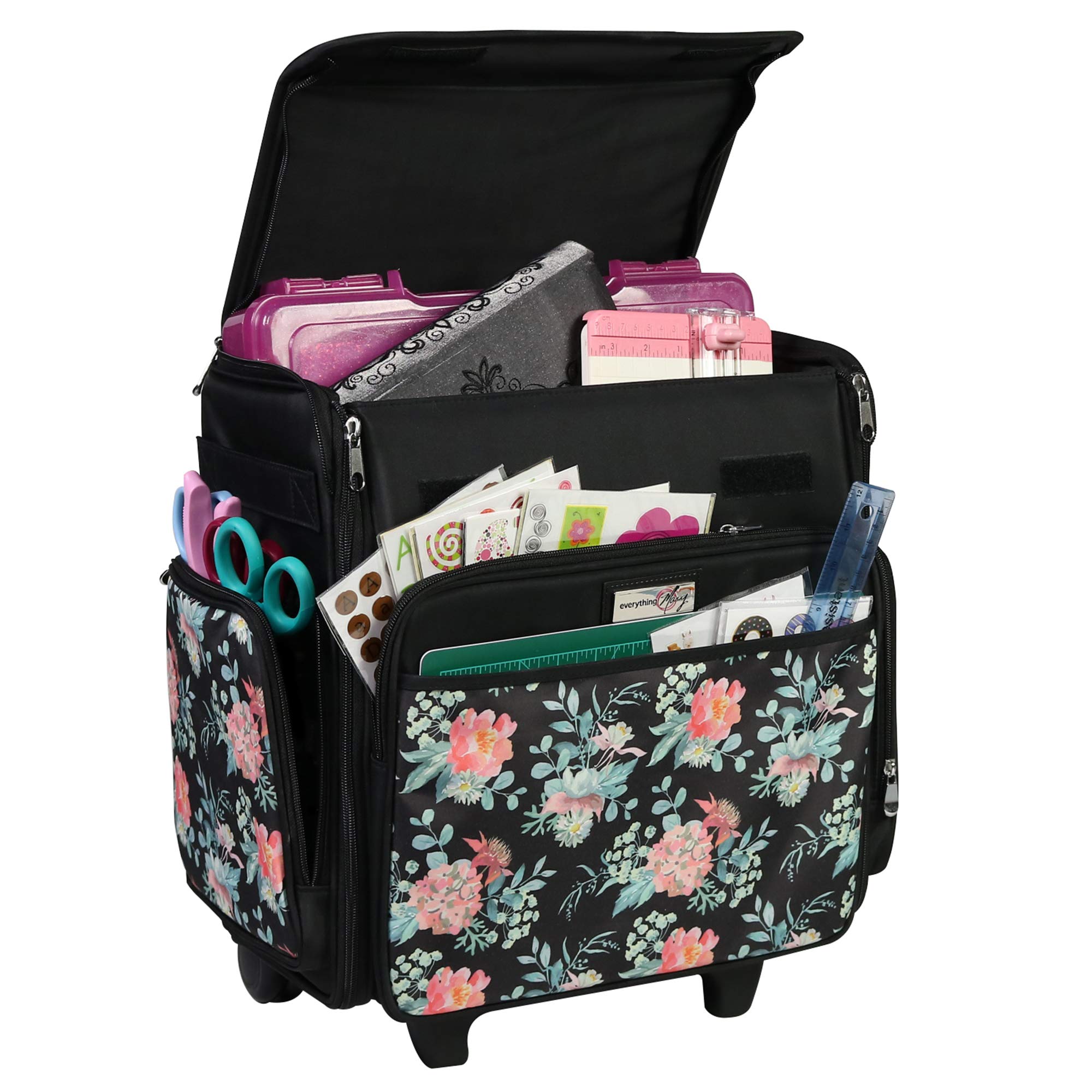 Everything Mary Collapsible Rolling Craft Cart with Flower Design - Portable Scrapbook Organizer Tote for Art Supplies, Paper, Glue & Tape - Wheeled Storage Bin for Teachers, Medical Professionals & Crafters - Perfect for Classroom, Hospital & Craft Room Organization