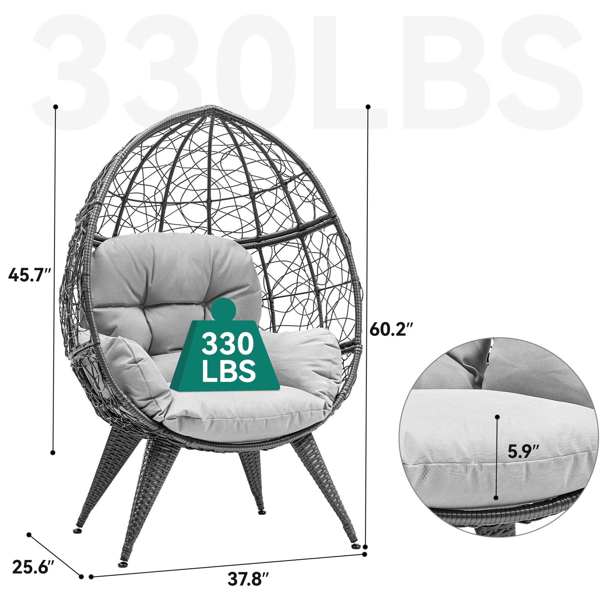 YITAHOME Oversized Wicker Egg Chair with Stand - 330lbs Capacity Indoor/Outdoor Hanging Lounger with Cushion & Leveling Feet - Perfect for Patio, Bedroom, Living Room, Garden, Backyard & Balcony (Grey) | Relaxing Reading Nook & Cozy Conversation Spot