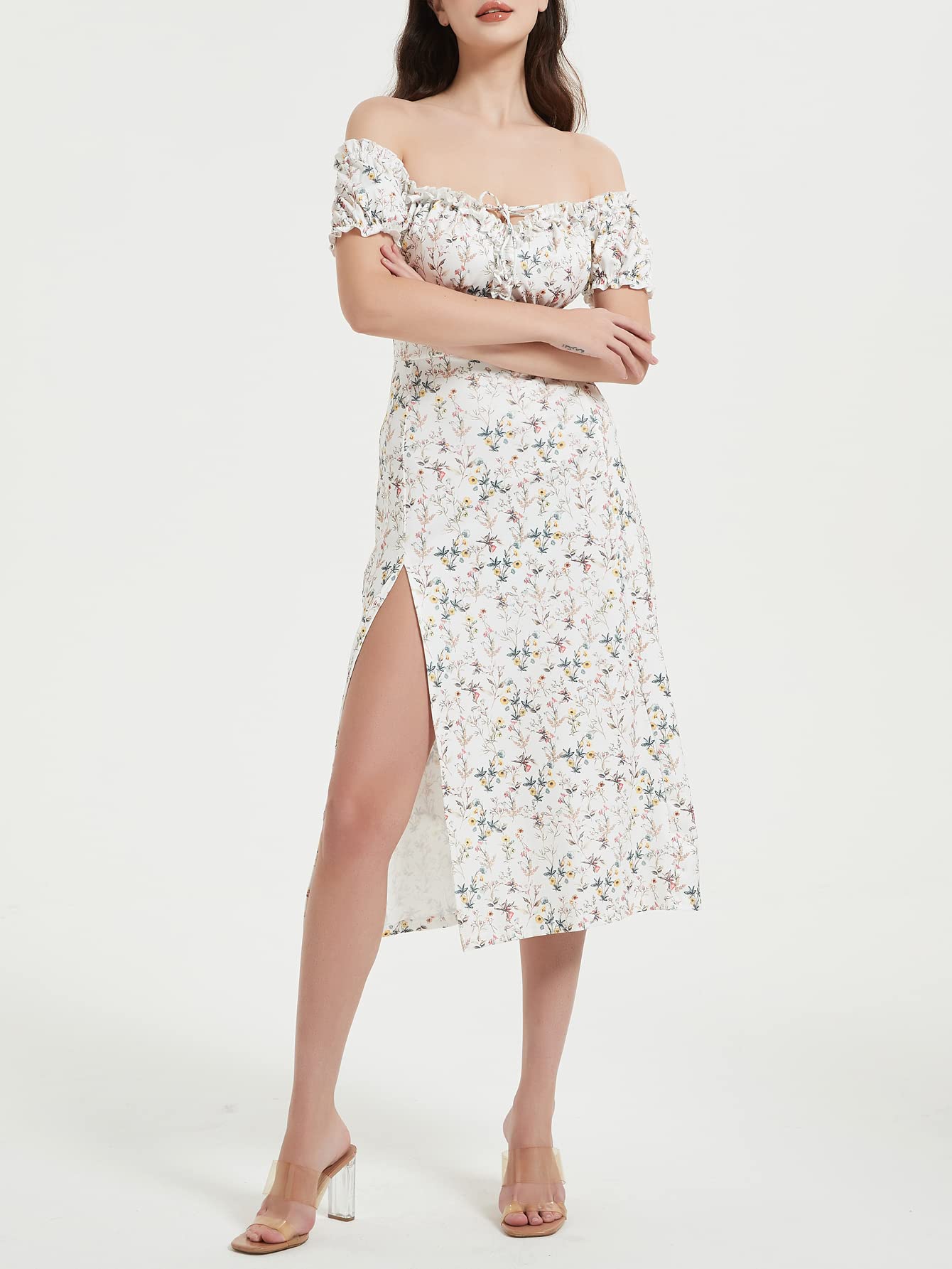 Floral Midi Dress for Women - Off Shoulder Ruffle Puff Sleeve Boho Summer Dress with High Slit & Backless Design | Perfect for Wedding Guest, Beach Party, Date Night & Special Occasions