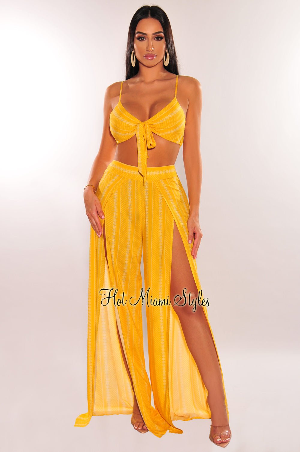 Trendy Yellow & White Striped Spaghetti Strap Tie-Up Two Piece Set with Double Slit Pants | Summer Outfits for Women | Perfect for Beach Vacations, Music Festivals & Date Nights