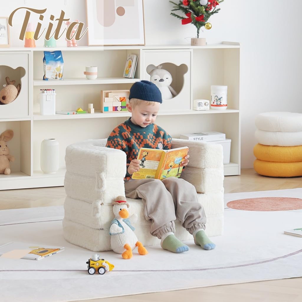 Tiita 3-in-1 Convertible Kids Sofa Bed - Plush Toddler Chair & Travel Bed with Washable Cover & Carrying Handle - Perfect for Nursery, Playroom & Travel - Gift for Boys & Girls (Ages 2-6)
