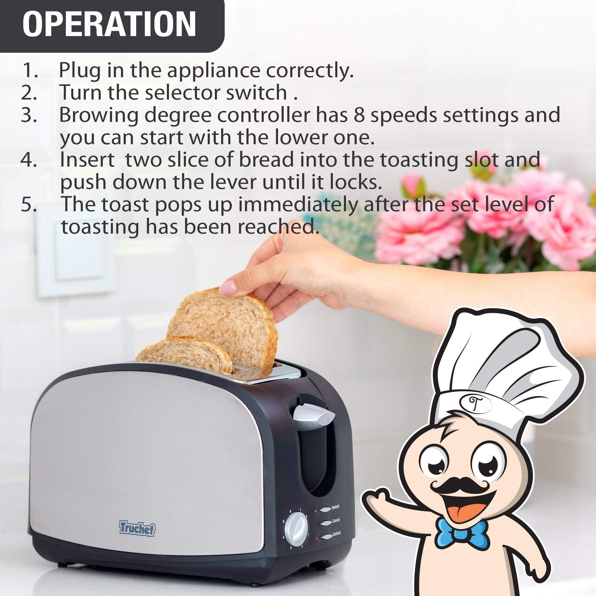 Truchef USA 4-Slice Toaster 5001 - Stainless Steel, Wide Slots, Bagel & Defrost Functions - Perfect for Breakfast, Office, and Dorm Room Use