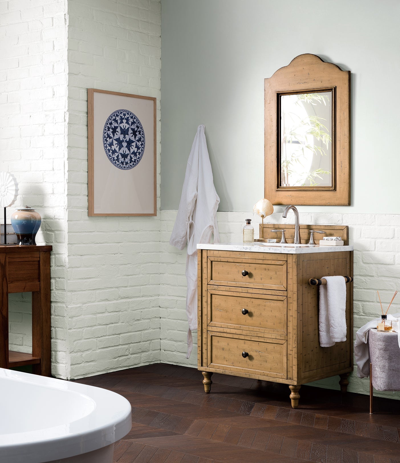 Copper Cove 26 Inch Driftwood Patina Bathroom Vanity with 3CM Arctic Fall Solid Surface Top - Modern Single Sink Vanity for Small Bathrooms & Powder Rooms