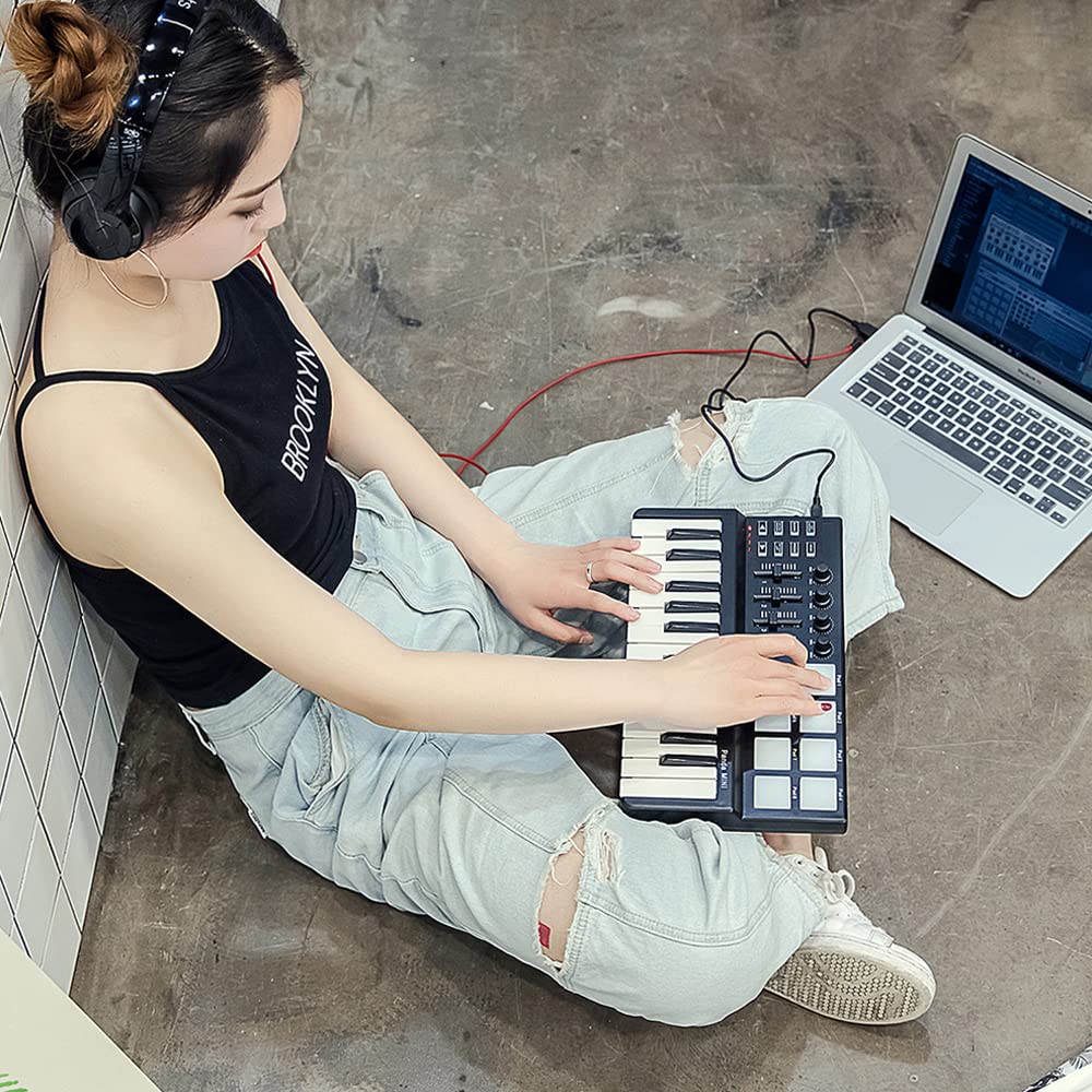 Portable 25-Key Mini MIDI Controller with Drum Pads for Music Production
