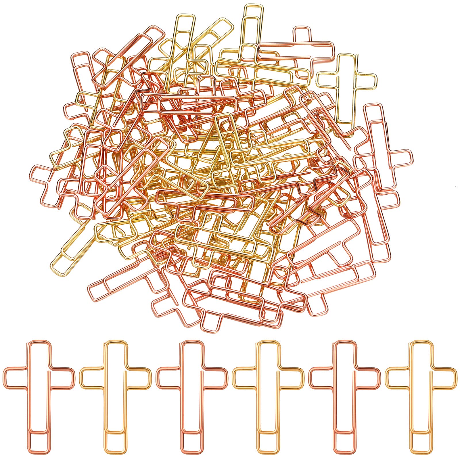 100-Piece Gold & Rose Gold Cross Paper Clips - Metal Office Supplies with Clear Storage Box for Document Organization, Journaling, Note Sorting | Perfect for Office, School, Home & Craft Projects