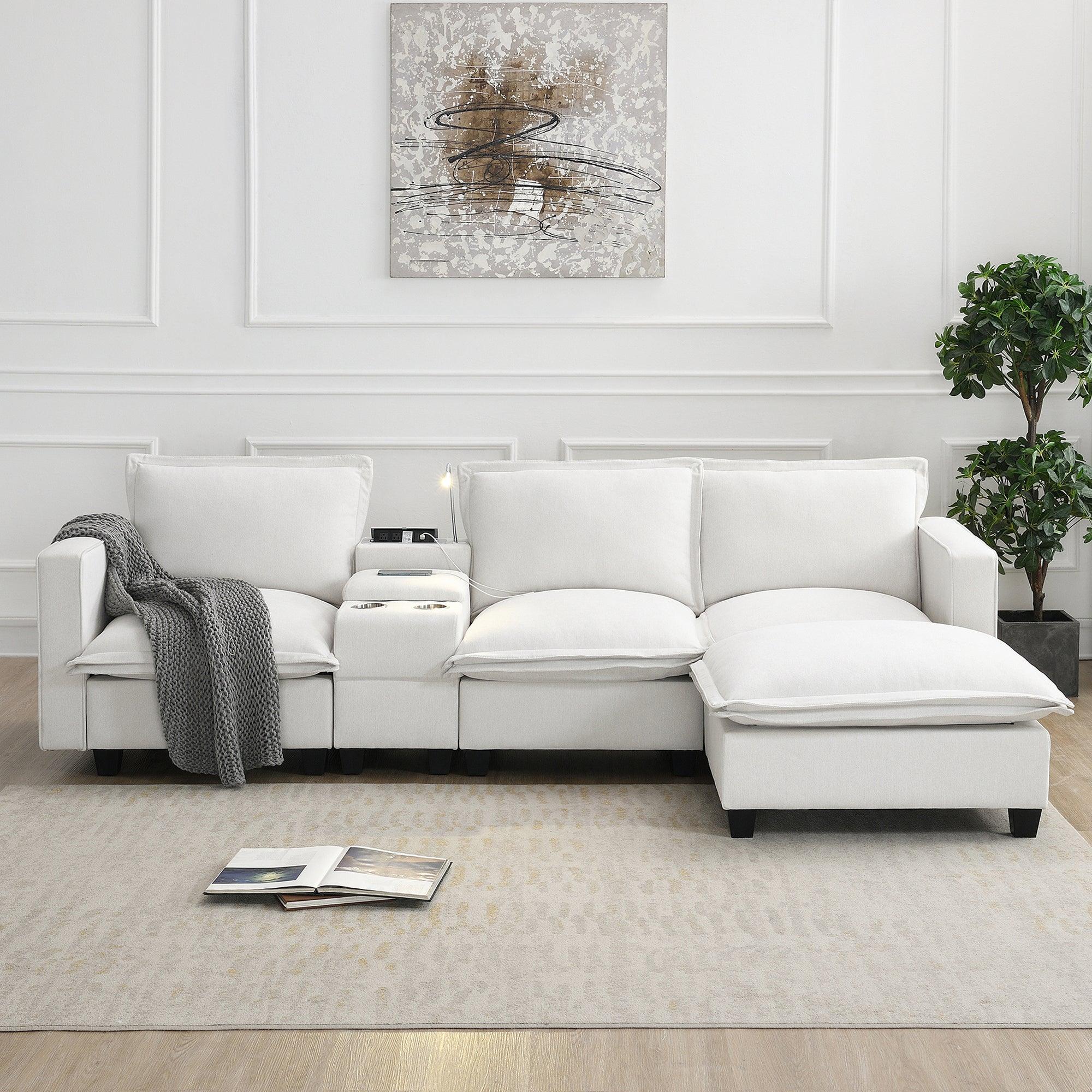 Modern 4-Seat Chenille Modular Sectional Sofa with Console, USB Charging Port, Reading Light & Cup Holders - Cloud Couch for Living Room, Apartment (2 Colors) | Perfect for Family Gatherings, Movie Nights & Small Space Living