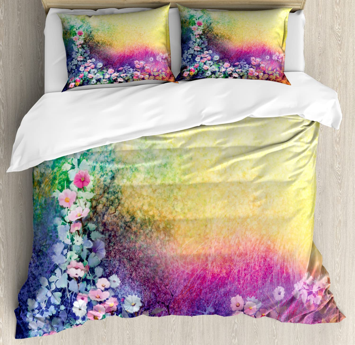 Ambesonne Floral Duvet Cover Set - 2 Pack California King Size, Ivy Spring Bloom Print with 4 Pillowcases, Soft & Calming Purple Yellow Multicolor Bedding for Master Bedroom, Guest Room, or Vacation Home Decor
