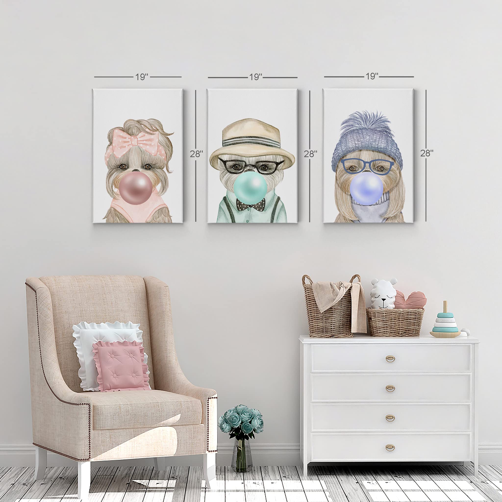 3-Piece Canvas Wall Art Set - Pop Art Portrait of Three Stylish Dogs Chewing Bubble Gum in Pink, Teal, Blue & Purple | Modern Animal Art for Living Room, Bedroom, Nursery & Kids Room Decor (22x15 Inches)
