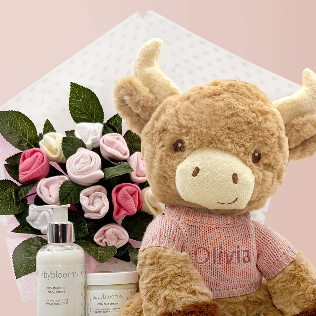 Personalized Pink Harriet Highland Cow Welcome Baby Gift Hamper - Perfect for Newborn Gifts, Baby Showers & Nursery Decor
