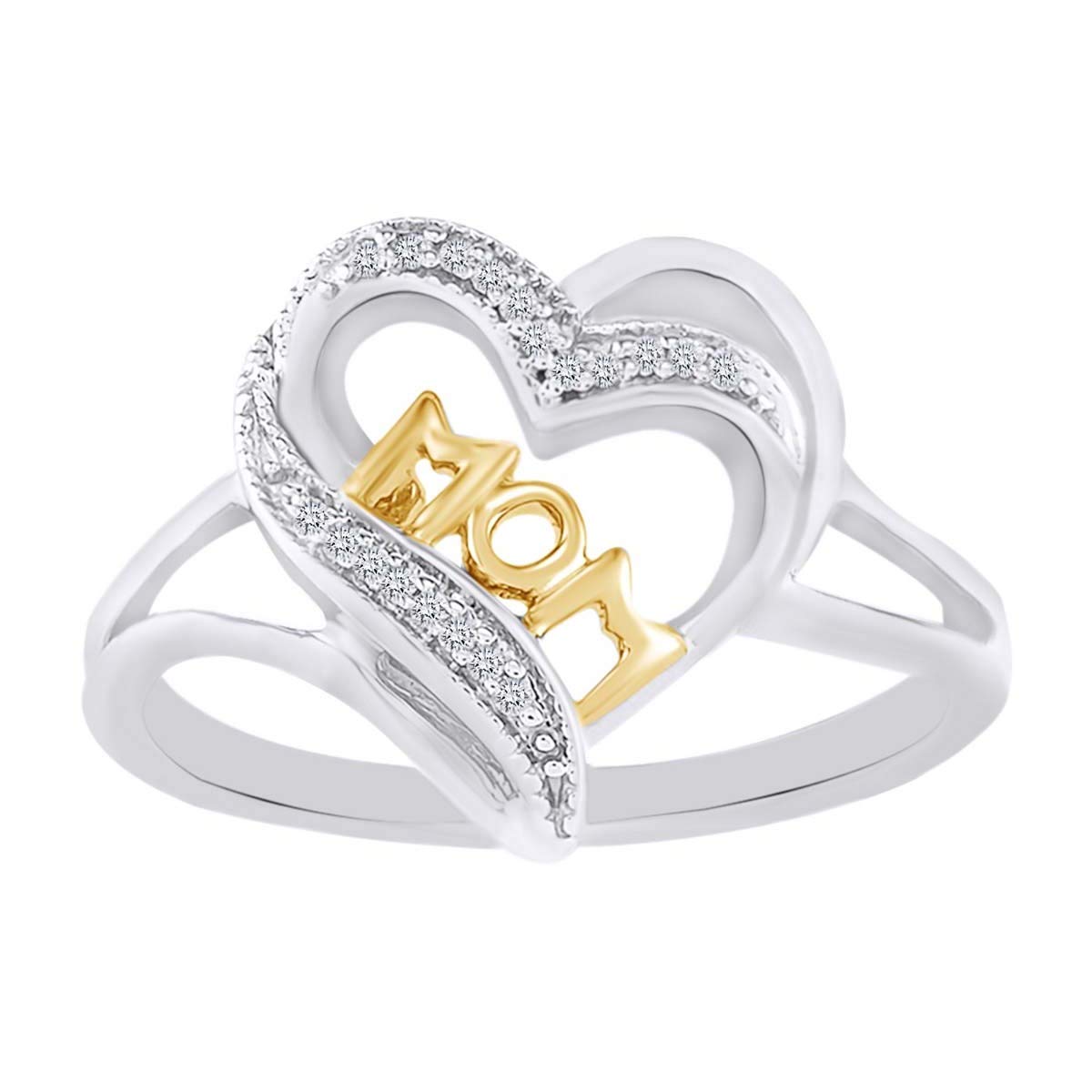 10K Solid Gold Round Natural Diamond Accent Two-Tone Mom Heart Ring - Perfect Gift for Mother's Day, Anniversary & Valentine's Day
