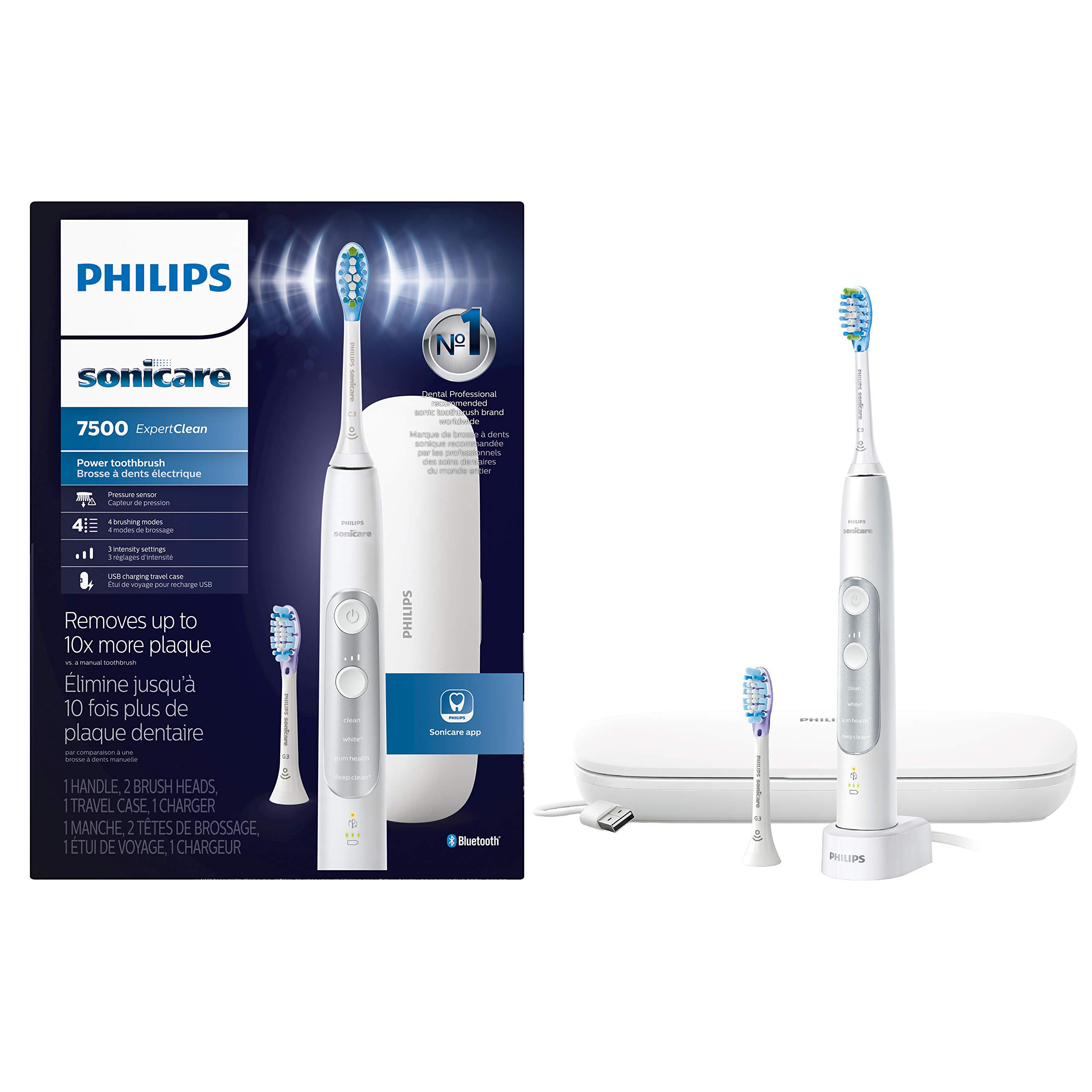 Philips Sonicare ExpertClean 7500 White Electric Toothbrush - Rechargeable Power Toothbrush with Smart Sensor, HX9690/06 - Perfect for Travel & Daily Oral Care Routine