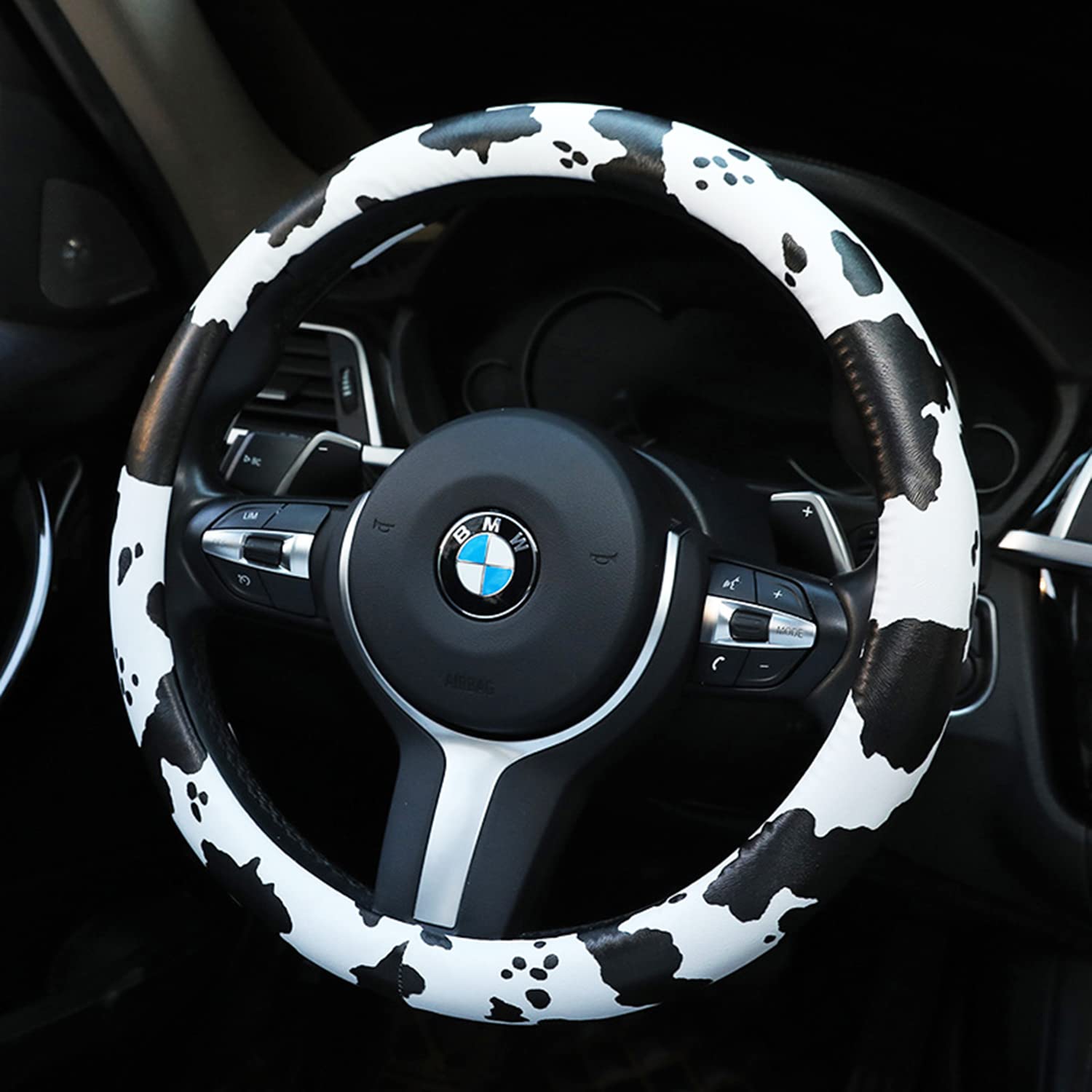 Dotesy Genuine Leather Car Steering Wheel Cover - Cow Print Anti-Slip Universal 15 Inch - White Floral Design for Women & Girls | Perfect for Daily Commute, Road Trips & Car Interior Decoration