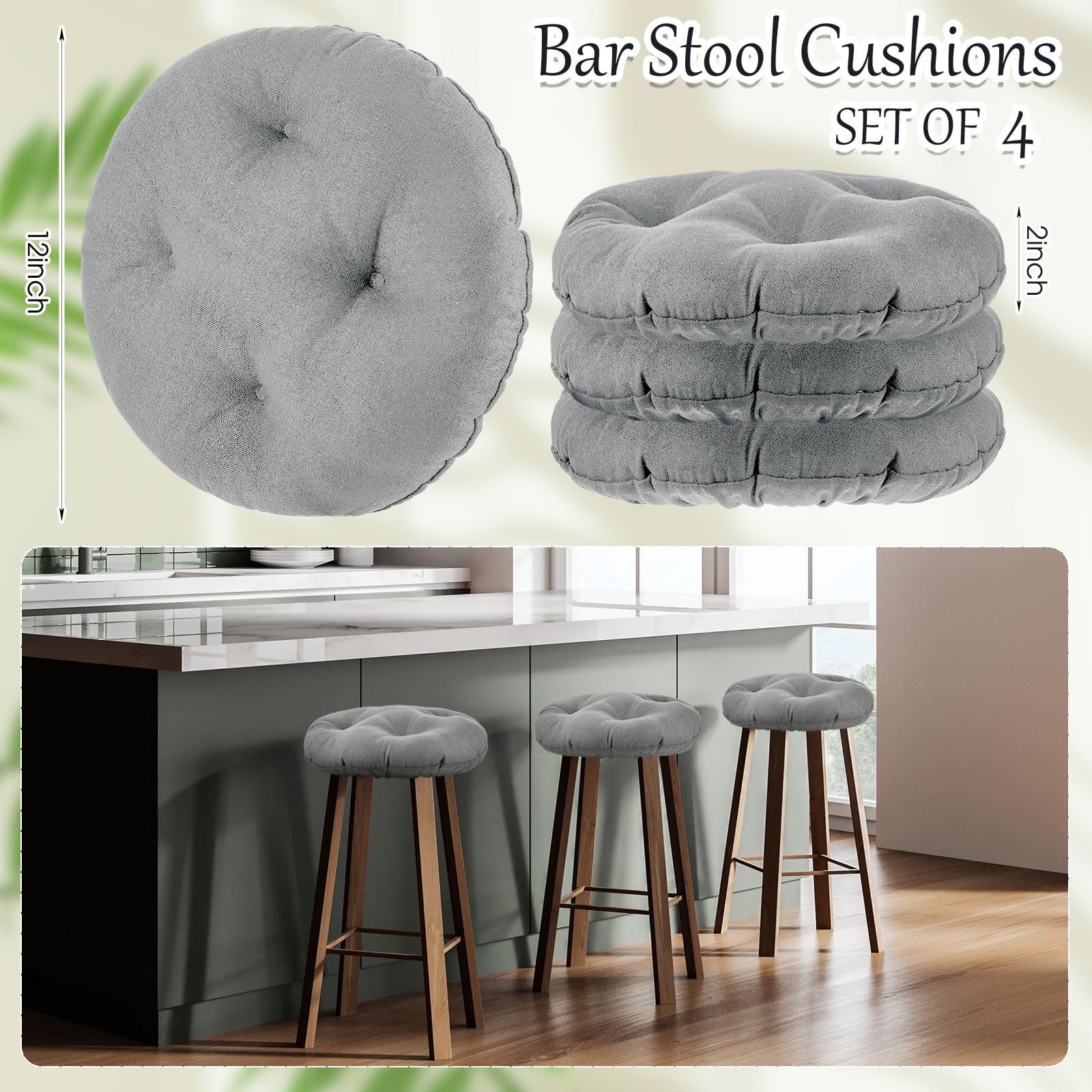 Marsui 4-Piece Soft Round Bar Stool Covers with Elastic Band - Non-Slip Padded Seat Cushions for Kitchen, Dining & Bar Chairs (12 Inch, Light Gray) - Perfect for Home, Restaurant & Office Use