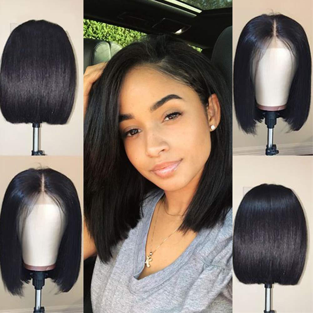 360 Lace Front Wig Brazilian Human Hair 10A Pre Plucked Bleached Knots Silky Straight Natural Black 12