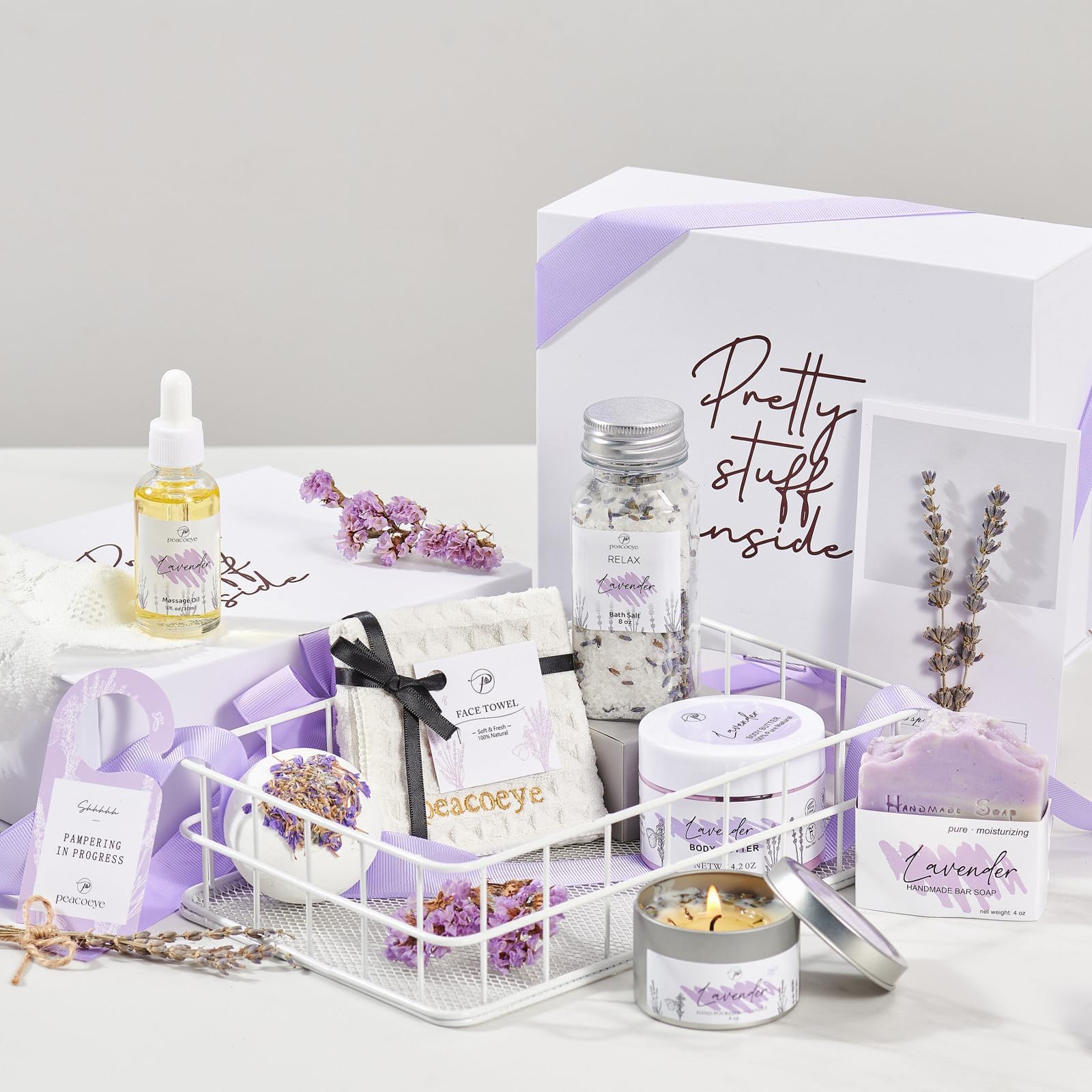 Lavender Spa Gift Basket for Women - Relaxing Bath Set with Self Care Essentials - Perfect Mother's Day, Birthday, Friendship Gift for Mom, Wife, Sister, Aunt - Home Spa Kit for Stress Relief & Pampering - Ideal for Bubble Baths, Relaxation & Gift Giving Occasions