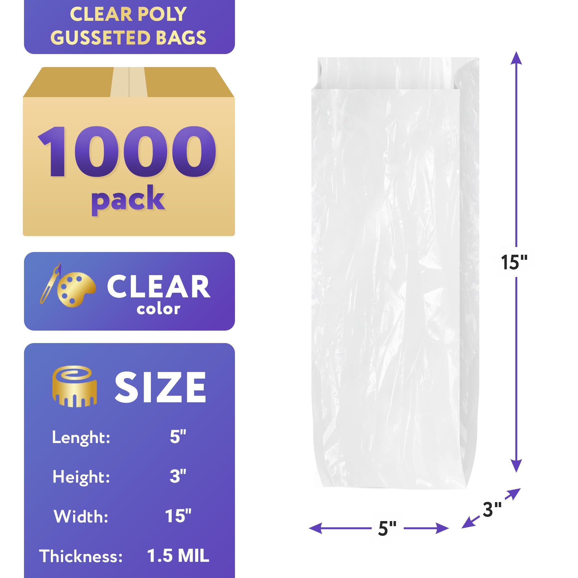APQ 1000 Pack Clear Polyethylene Gusseted Bags 5x3x15 Inches - 1.5 Mil Thick Expandable Side Gusset Bags for Food Storage, Retail Packaging & Industrial Use | Resealable Open-Ended Poly Bags for Bakery, Crafts & Medical Supplies