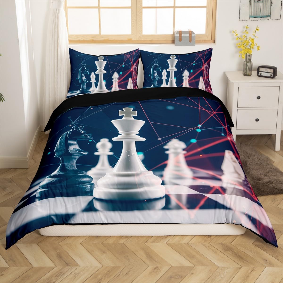 Stylish Chess-Themed Duvet Cover Set - Horse Head & Geometric Stripe Design for Kids & Teens - Queen Size with Zipper Closure (Comforter Not Included) - Perfect for Bedroom Decor, Game Room Themes, and Chess Lovers' Home Decor
