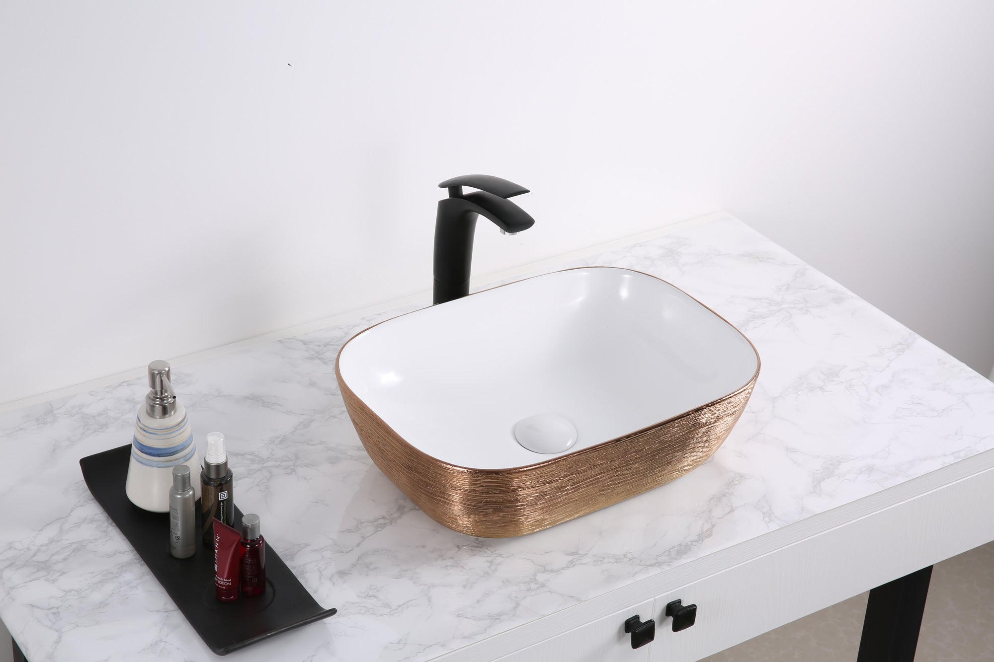 20 x 16 Inch Rose Gold Bathroom Vessel Sink - White Porcelain Ceramic Above Counter Vanity Sink for Modern Bathroom Decor | Perfect for Master Bath, Powder Room & Luxury Home Renovation