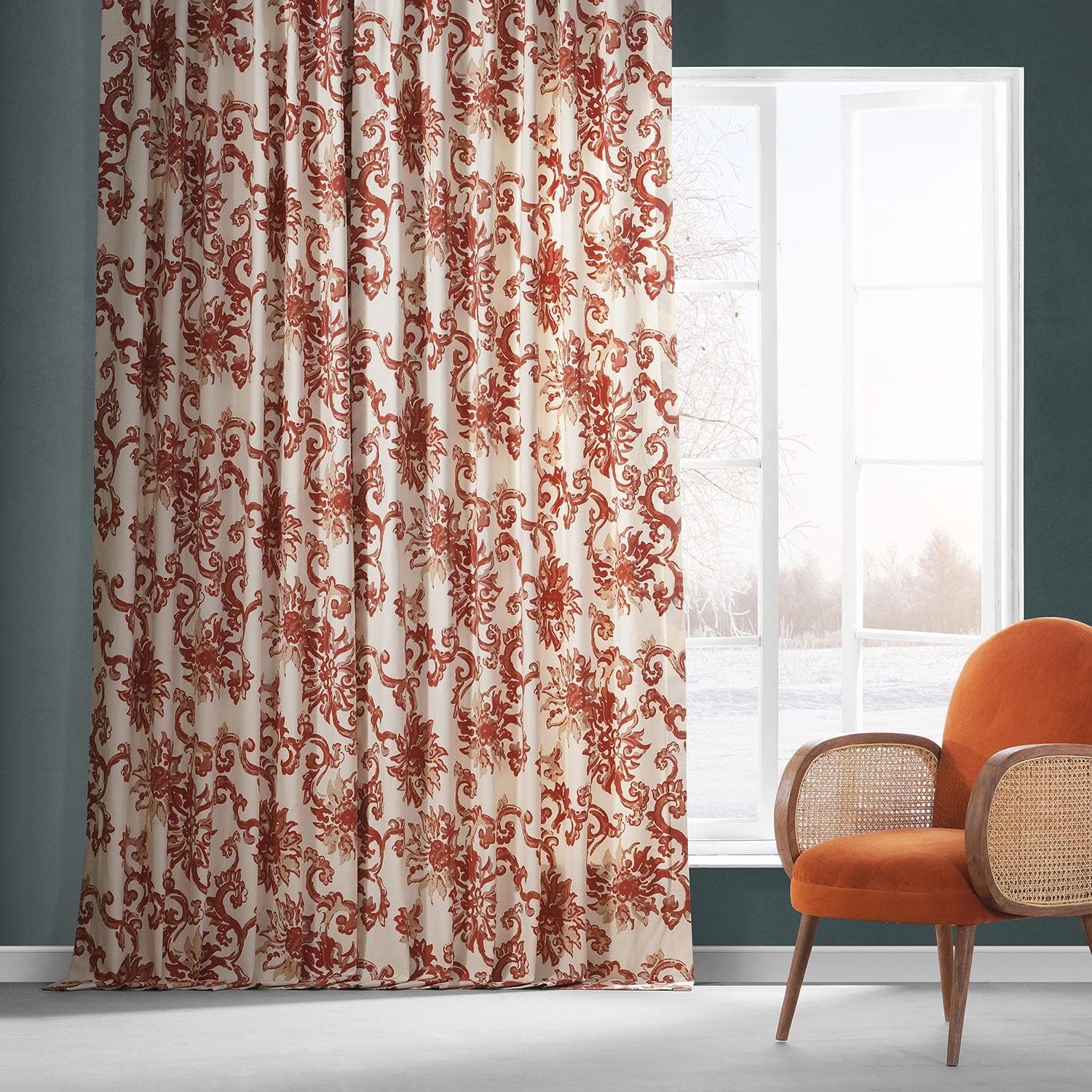 Edina Washed Rust Paisley Printed Cotton Custom Curtains - Elegant Window Treatments for Living Room, Bedroom & Dining Room Decor
