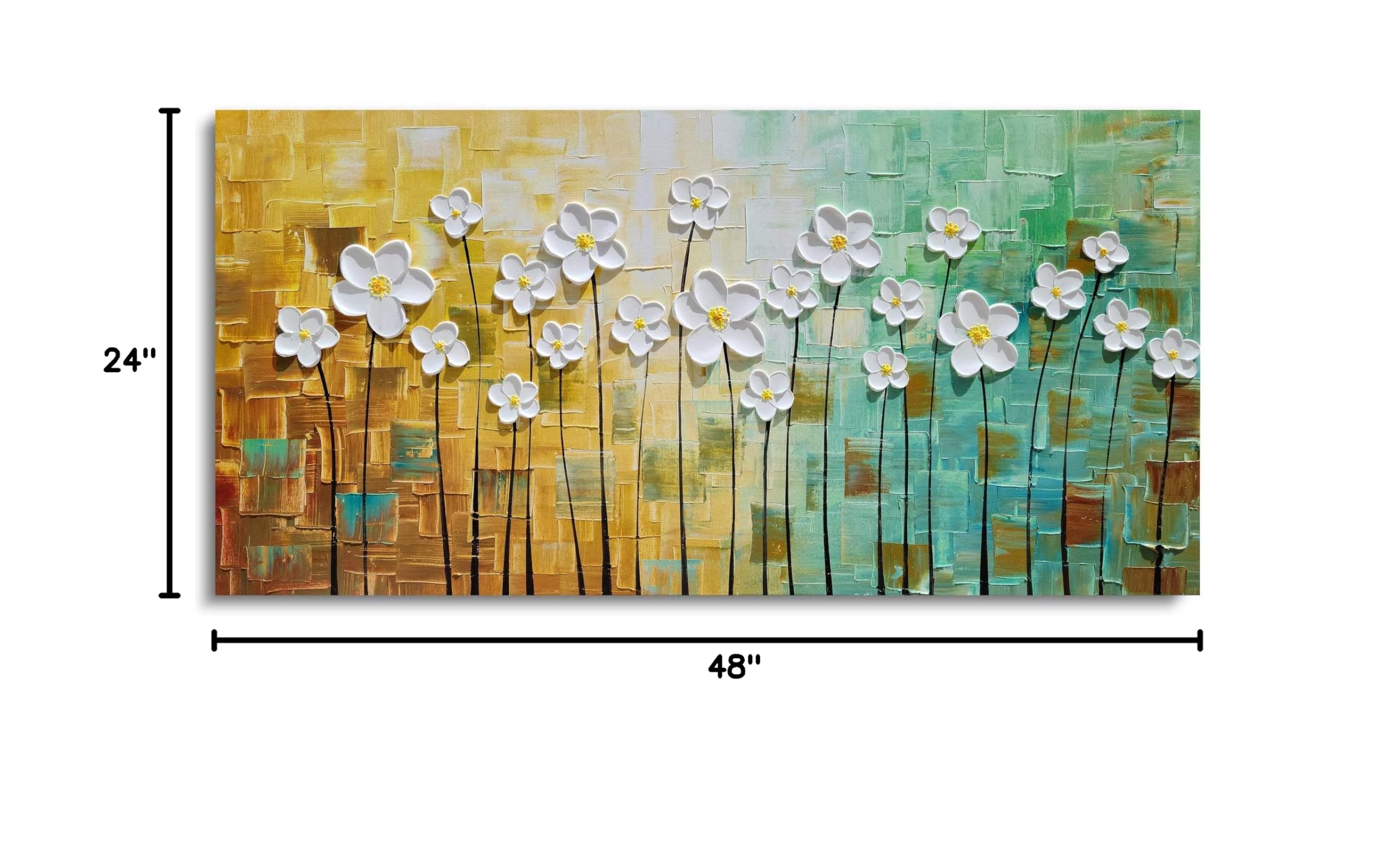 SYGALLERIER White Floral Canvas Wall Art - Hand Painted Heavy Textured Oil Painting in Teal & Yellow - Modern Abstract Artwork for Living Room, Bedroom, Dining Room Decor - Perfect for Home, Office & Gift Giving