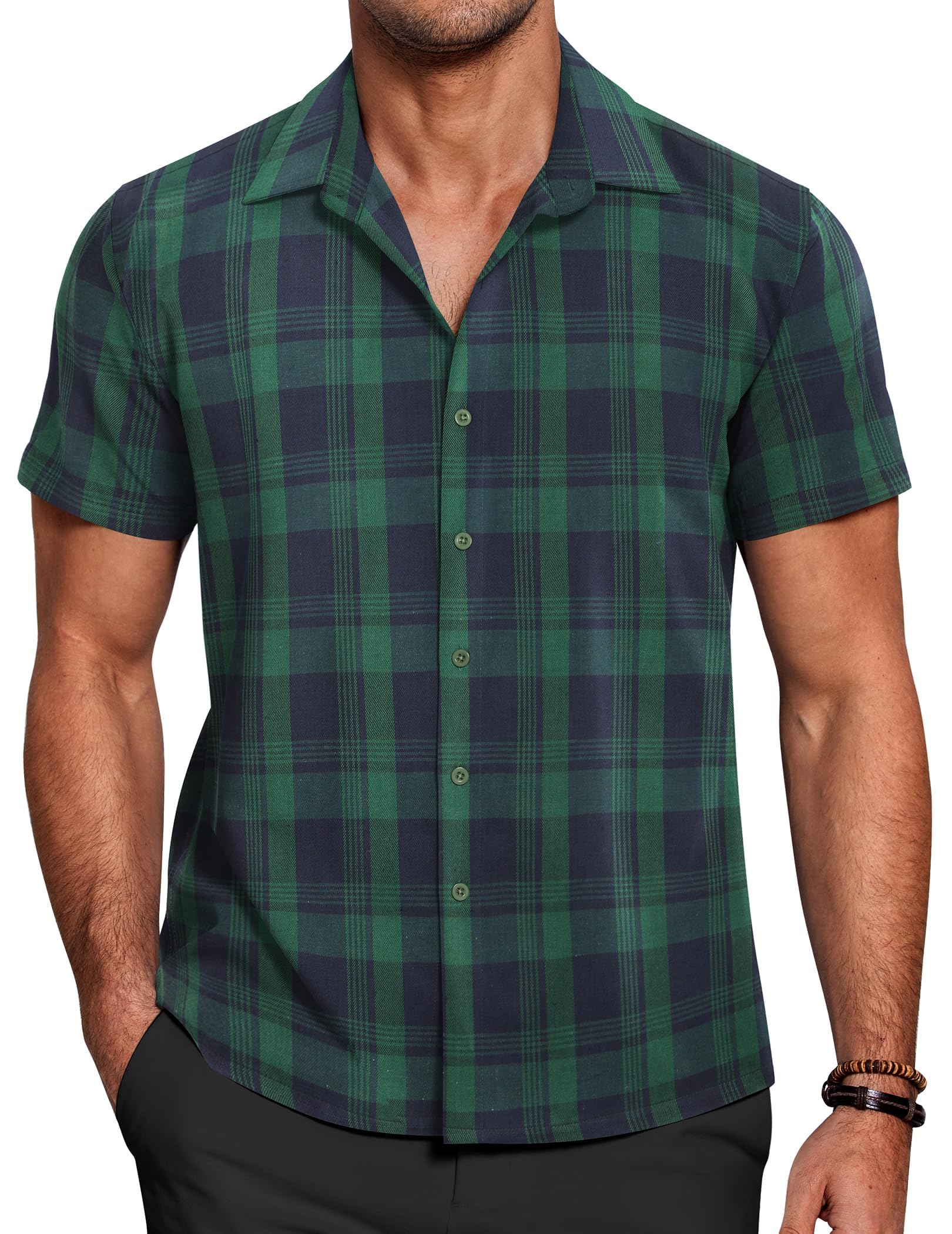COOFANDY Men's Casual Short Sleeve Plaid Button Down Shirt - 75% Cotton Breathable Work Shirt for Office, Outdoor & Summer Wear