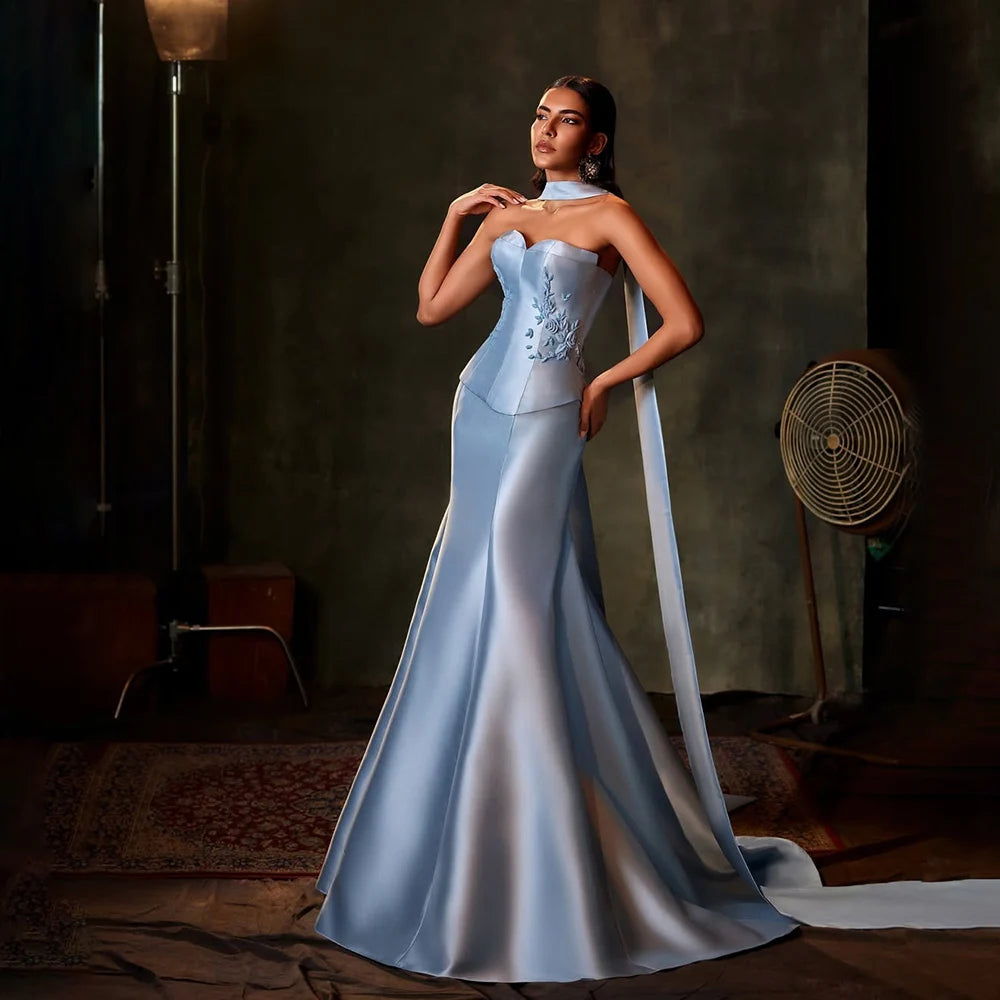 Luxury Dubai Saudi Blue Mermaid Satin Evening Dress with Long Scarf - Formal Gown for Weddings, Galas & Special Occasions - Elegant Women's Party Wear LA72831