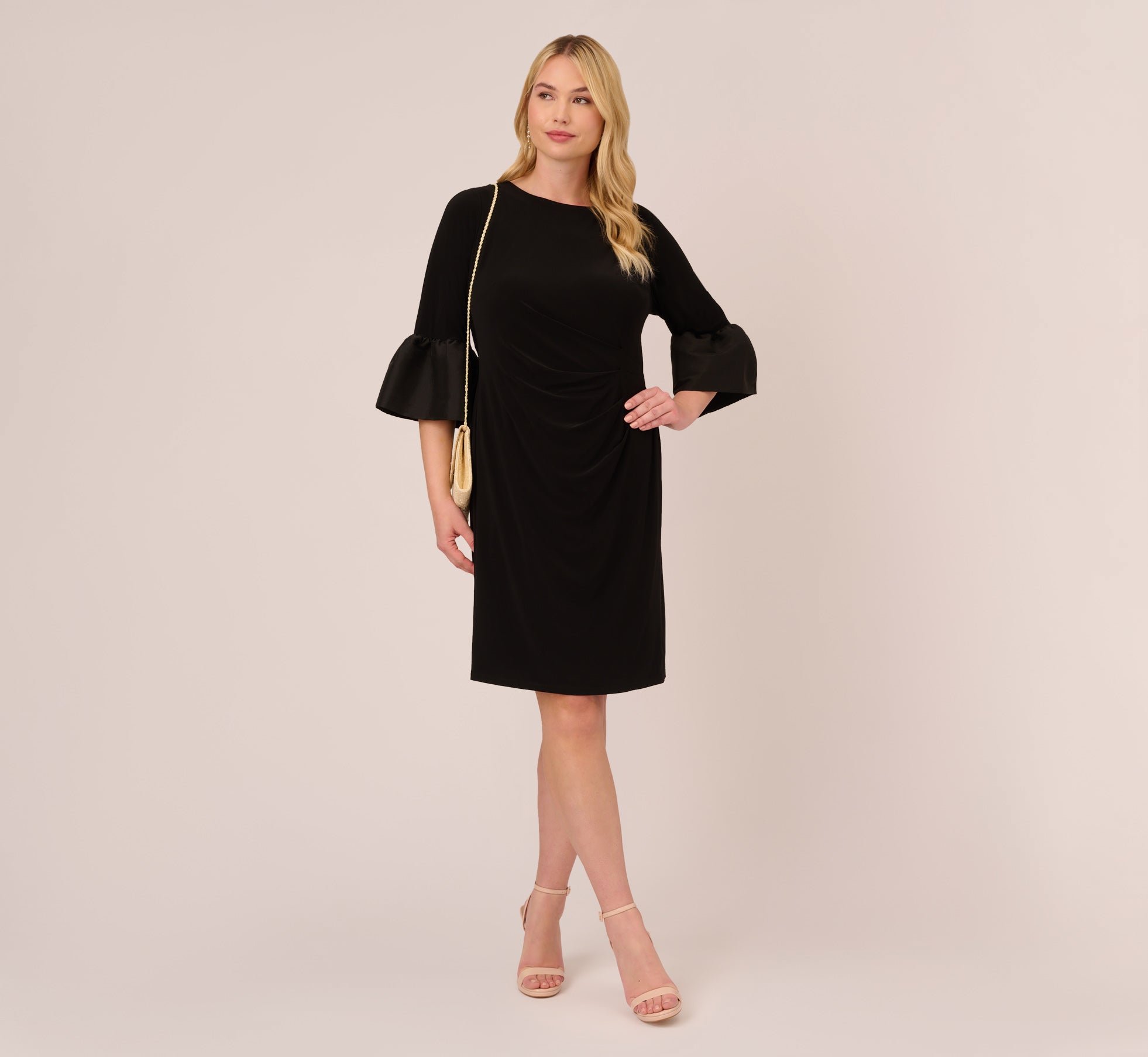 Plus Size Black Draped Jersey Short Sheath Dress with Bell Cuffs - Flattering Women's Formal & Office Wear for Work, Parties & Special Occasions