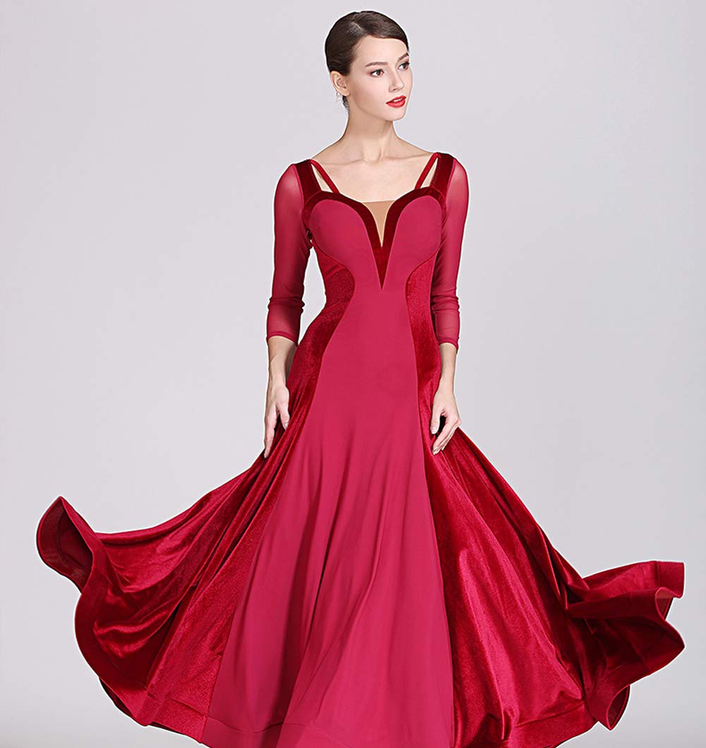 Elegant Mesh & Velvet Ballroom Dance Dress - Flamenco Waltz Performance Gown for Competition & Standard Practice Wear | Perfect for Latin, Ballroom & Social Dance Events