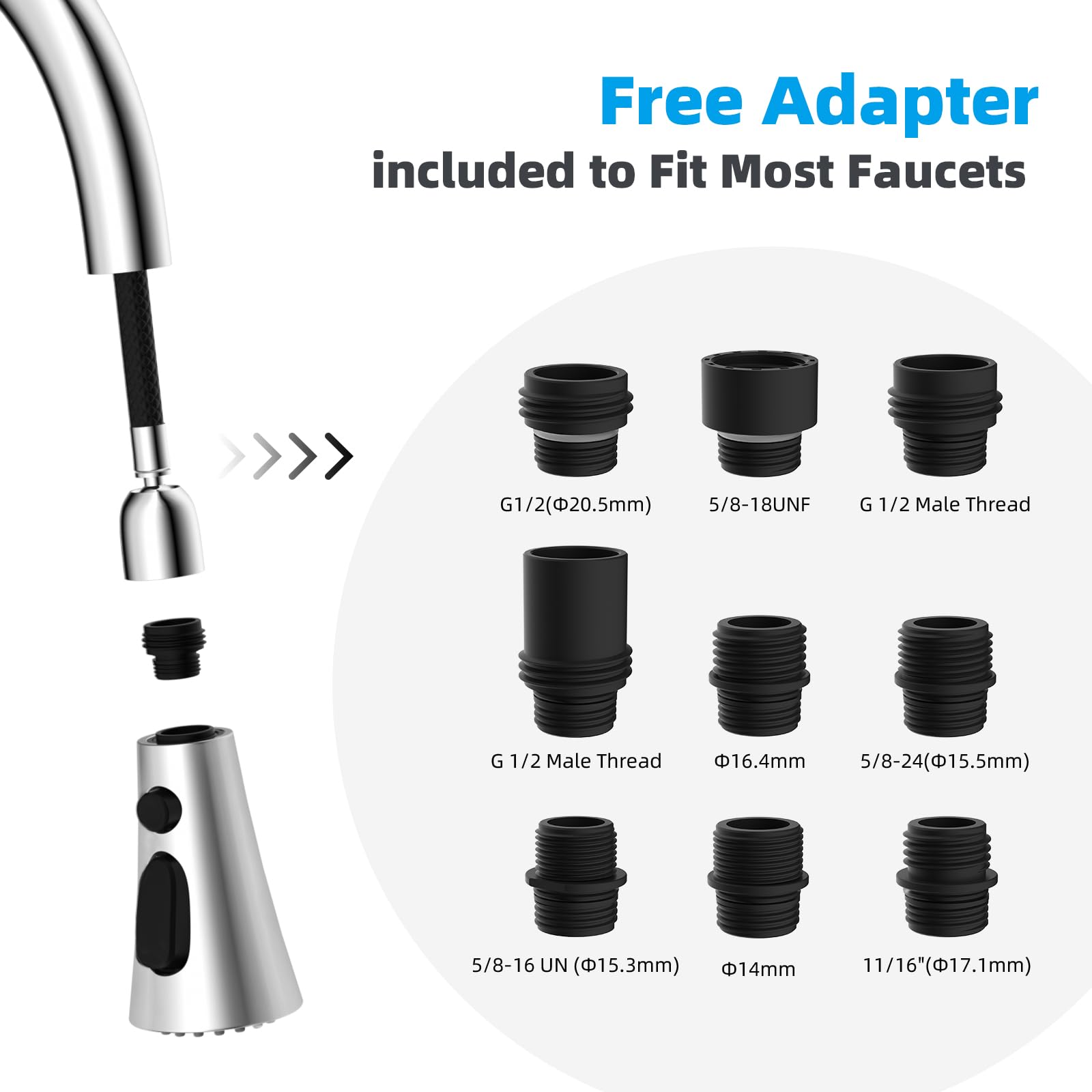 Hibbent Pull Down Kitchen Faucet Spray Head Replacement with 12 Adapters - 3-Function Sink Spray Nozzle Compatible with Moen, Delta, Kohler, American Standard (Chrome Finish) - Perfect for Dishwashing, Food Prep & Cleaning Fruits Vegetables