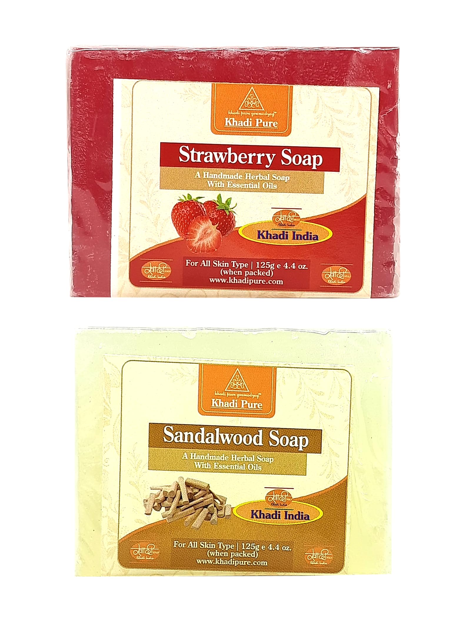 Khadi Pure Herbal Strawberry & Sandalwood Soap (125g) Pack of 2 (250g) - Natural Skincare for Glowing Skin - Perfect for Daily Face & Body Wash, Gift Sets, Spa & Aromatherapy