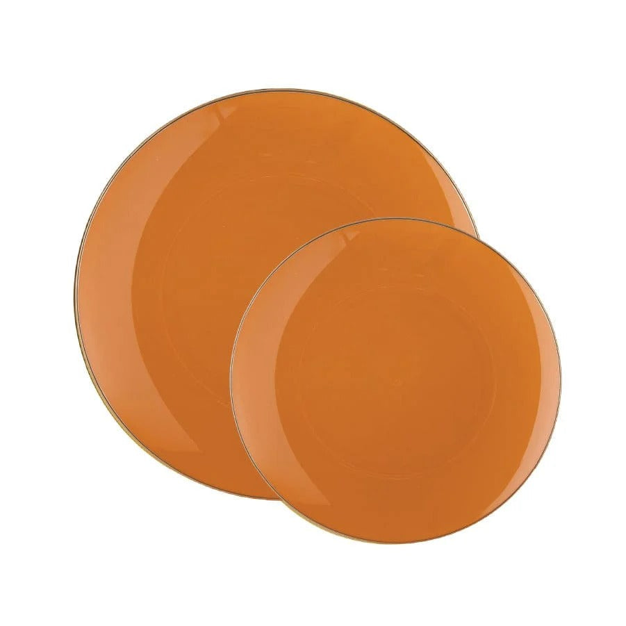 Elegant Round Plastic Plates with Leather & Gold Rim - Organic, Eco-Friendly Dinnerware for Parties, Weddings, and Home Decor