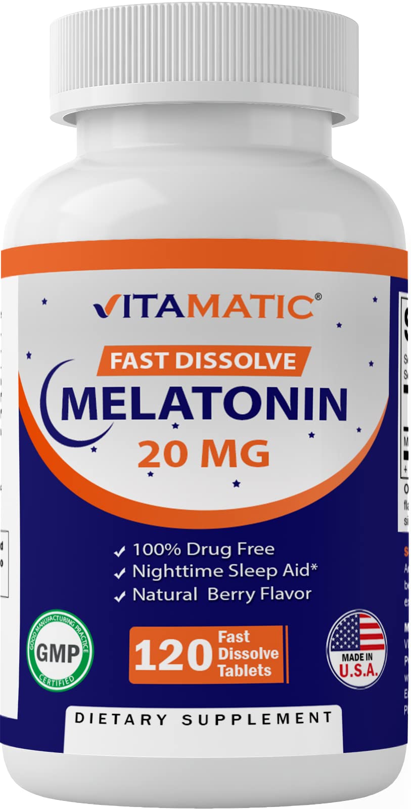 Vitamatic Melatonin 20 mg Tablets - Vegetarian, Non-GMO, Gluten Free Sleep Aid | High Potency 20 MG with Natural Berry Flavor | 120 Count (12 Pack) for Wholesale | Supports Restful Sleep, Jet Lag Relief & Night Shift Workers