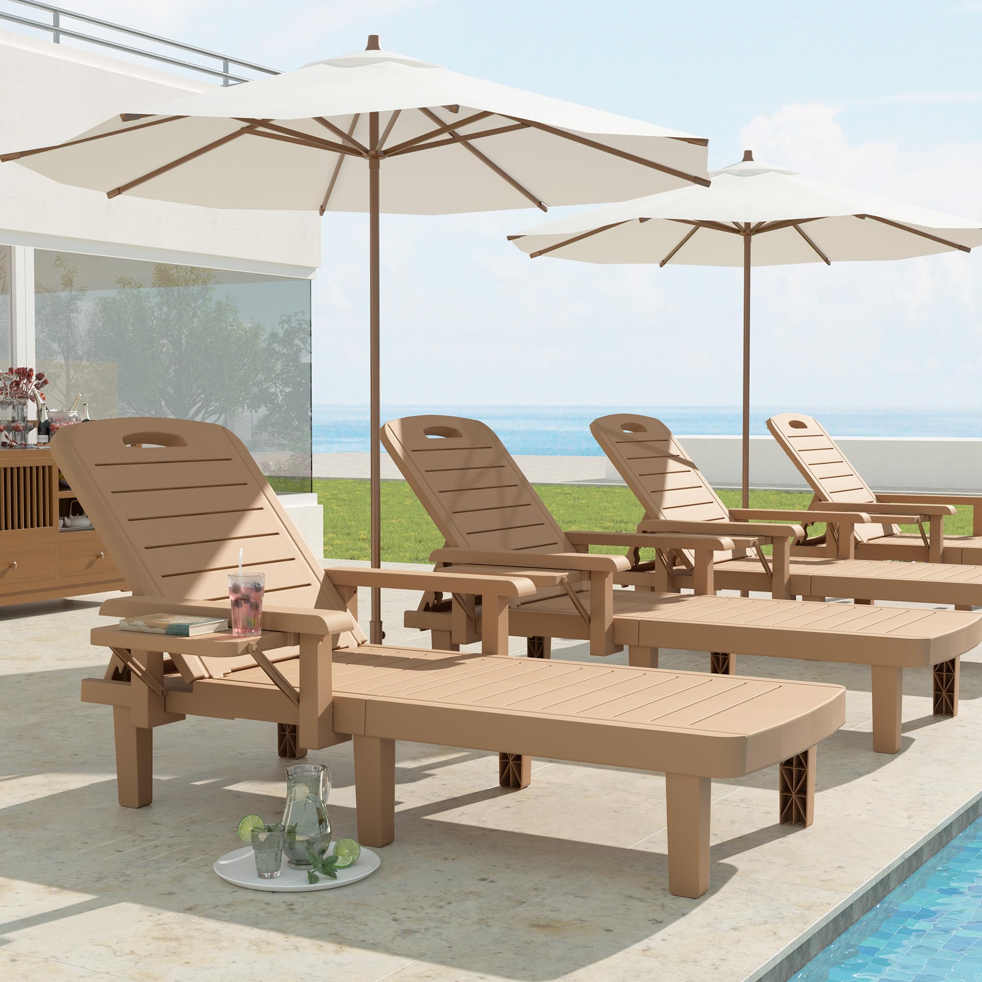 UDPATIO Oversized Pool Lounge Chairs Set of 2 - Waterproof Resin Chaise Lounges with Adjustable Backrest, Armrests & Cup Holder - Perfect for Poolside, Patio, Beach, Backyard & Outdoor Relaxation