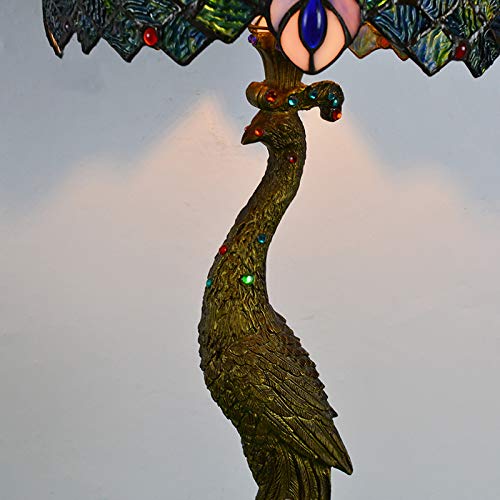 LITFAD Tiffany Style Peacock Desk Lamp - Handcrafted Stained Glass Shade with Brass Base, Adjustable Task Light for Home Office, Bedroom Nightstand, Reading Nook - Perfect Study & Decorative Lighting