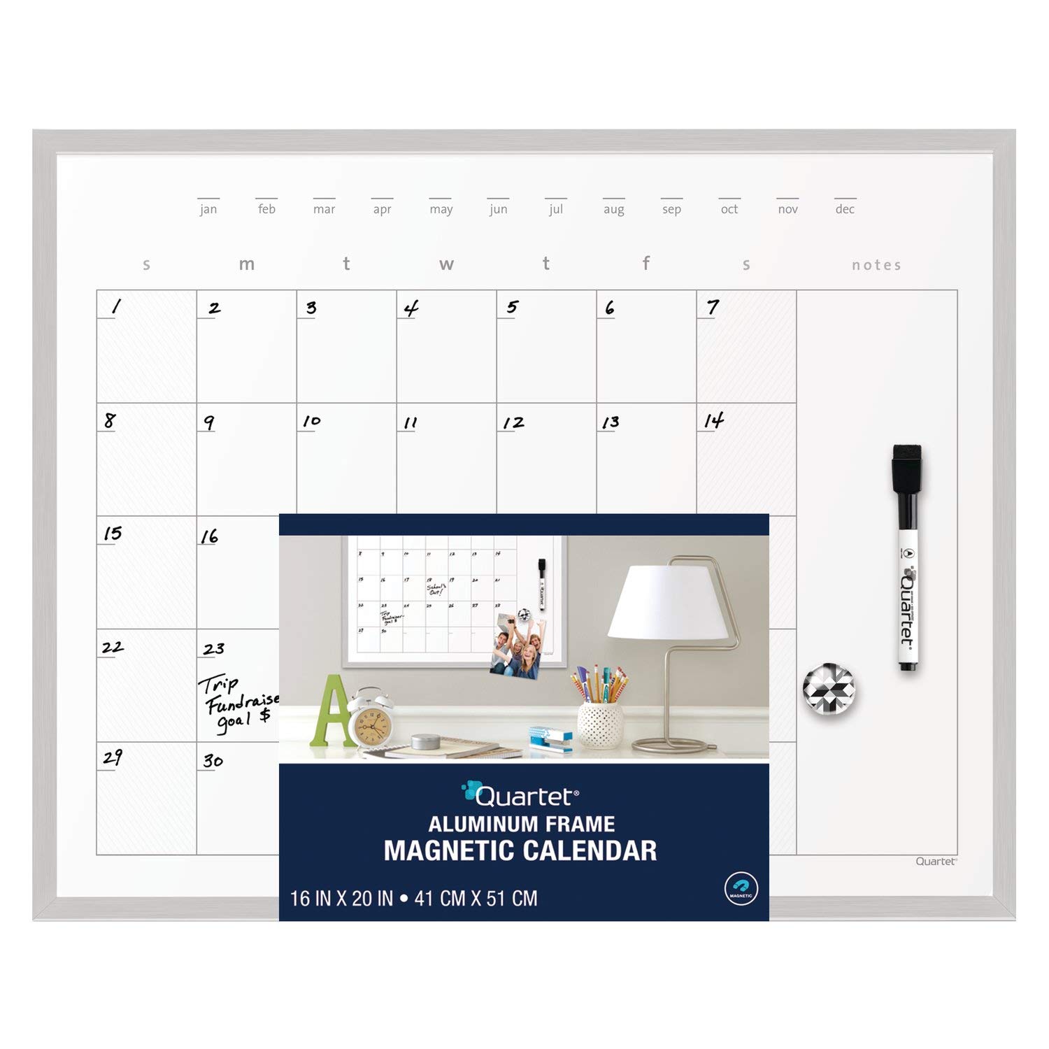 Quartet 16x20 Inch Magnetic Dry Erase Calendar Whiteboard with Aluminum Frame - Perfect for Office Planning, Classroom Schedules & Home Organization (63537)