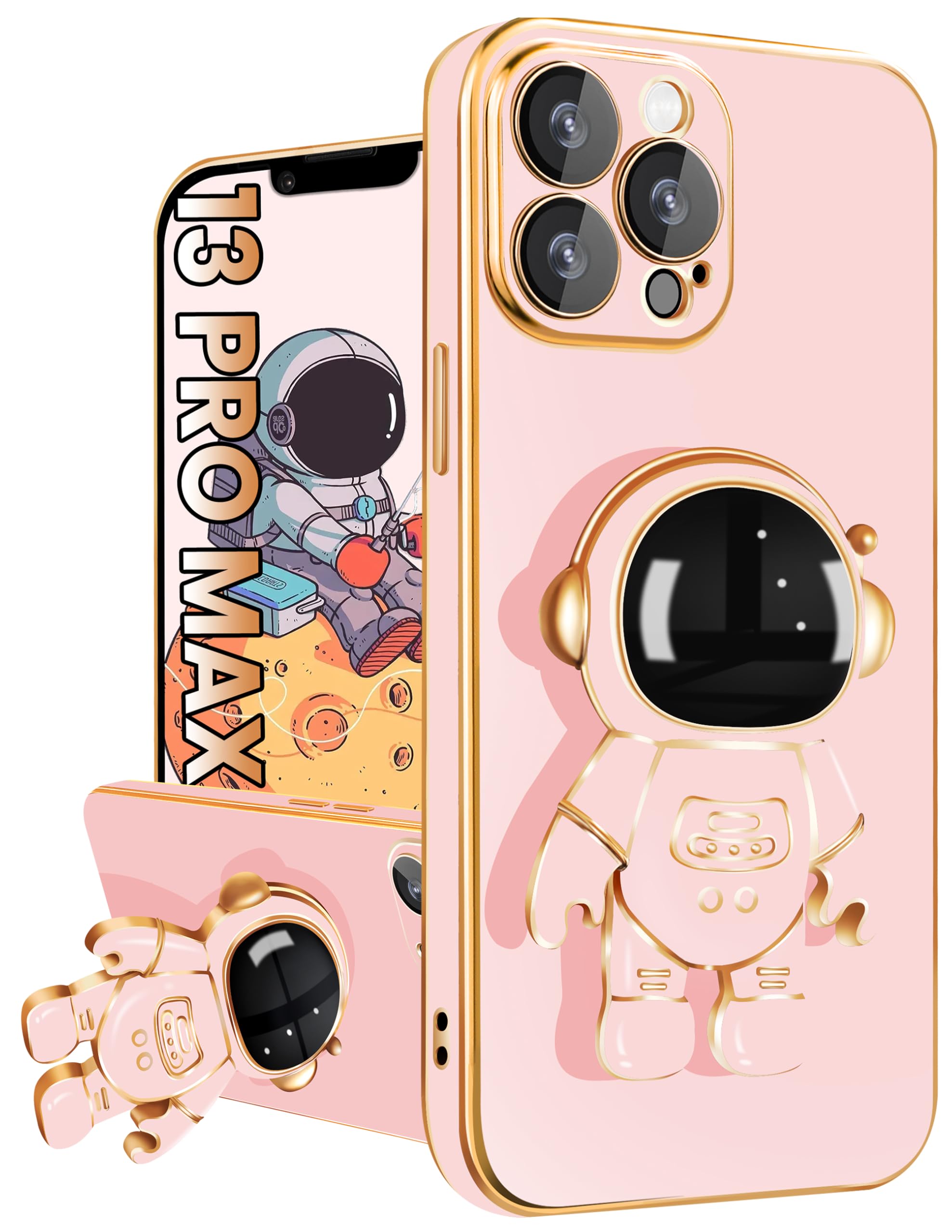 Loheckle Cute 6D Plating Astronaut Phone Case for iPhone 13 Pro Max (6.7 Inch) with Hidden Stand & Camera Protector - Durable Protective Cover for Everyday Use, Travel & Work