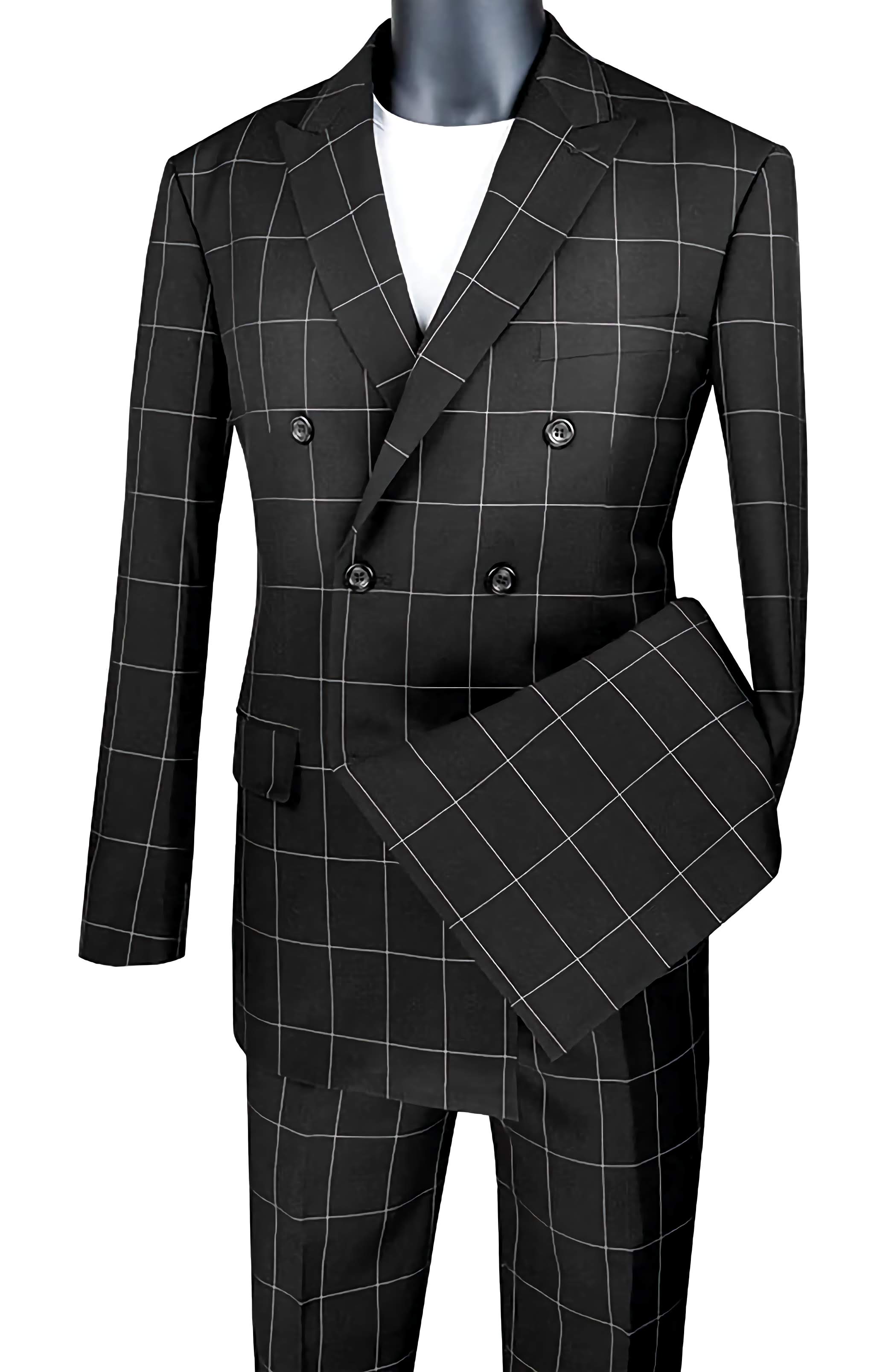 Napoli Collection Black Modern Fit Double Breasted Windowpane Peak Lapel 2-Piece Suit for Men | Business Formal Attire & Wedding Outfits
